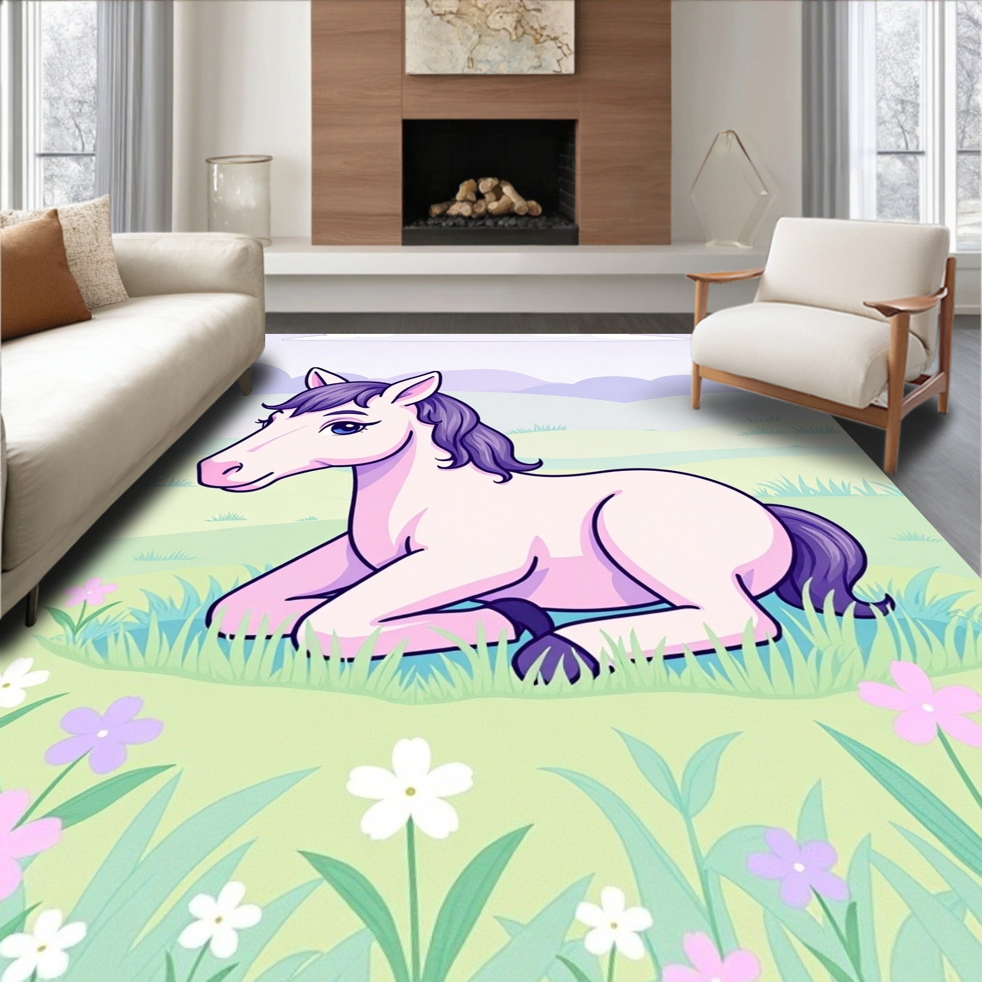 Whimsical Lavender Horse Meadow Flowers Rug