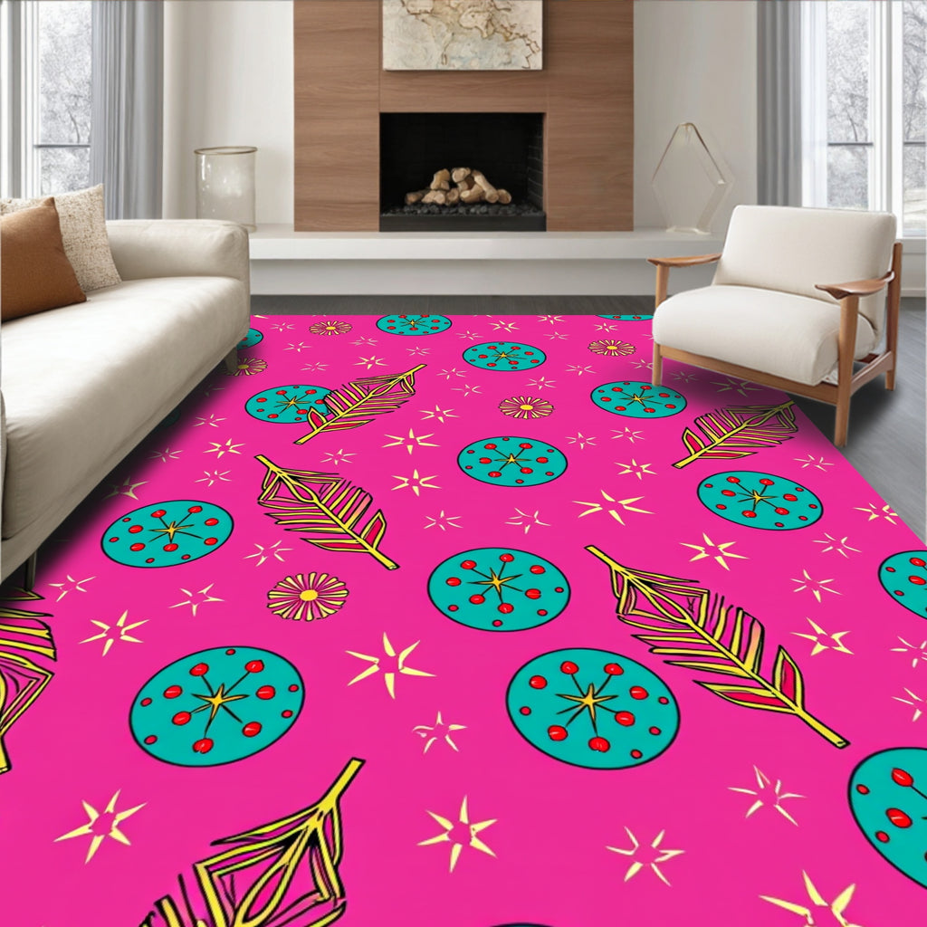 Bright Pink Teal Feather Star Medallion Rug