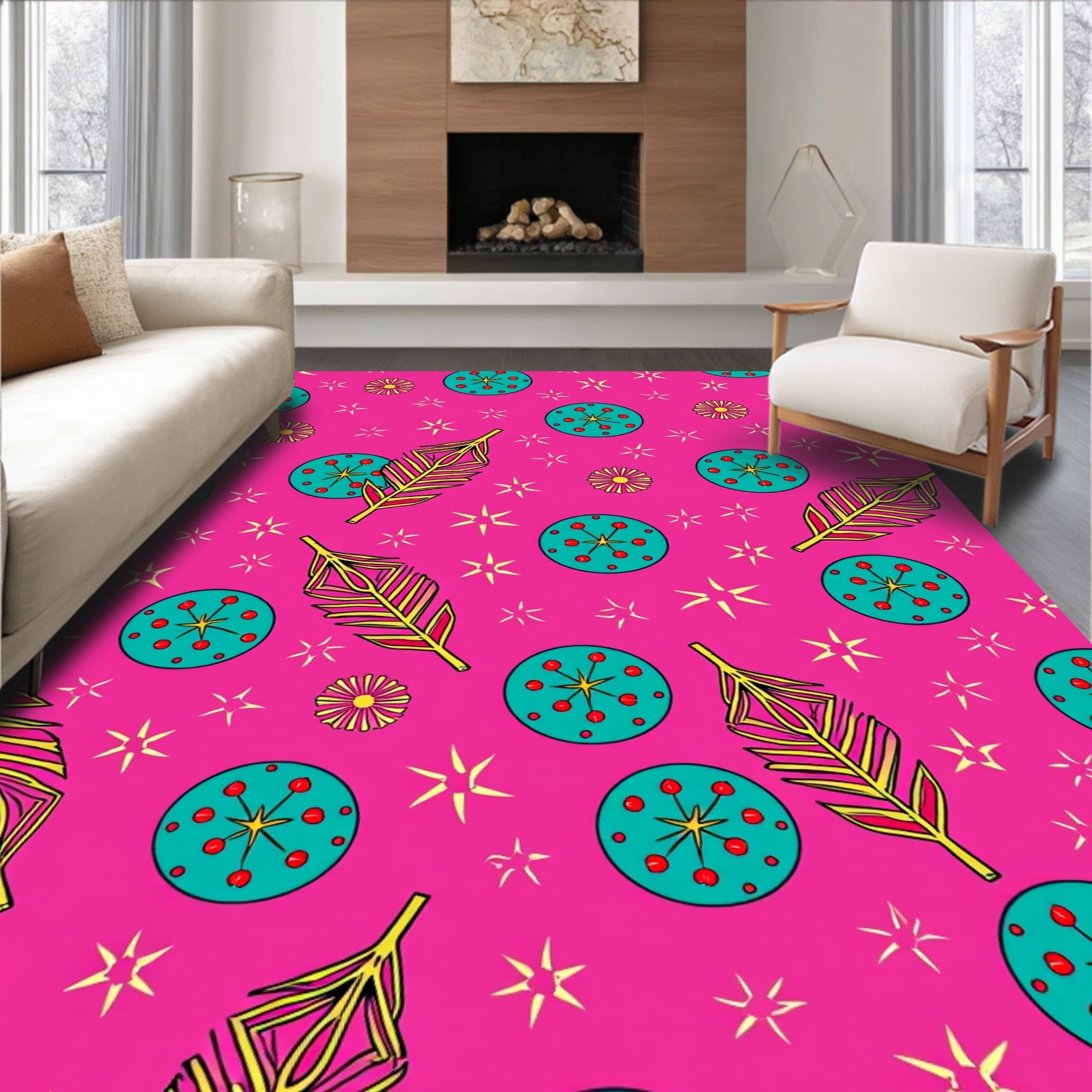 Bright Pink Teal Feather Star Medallion Rug