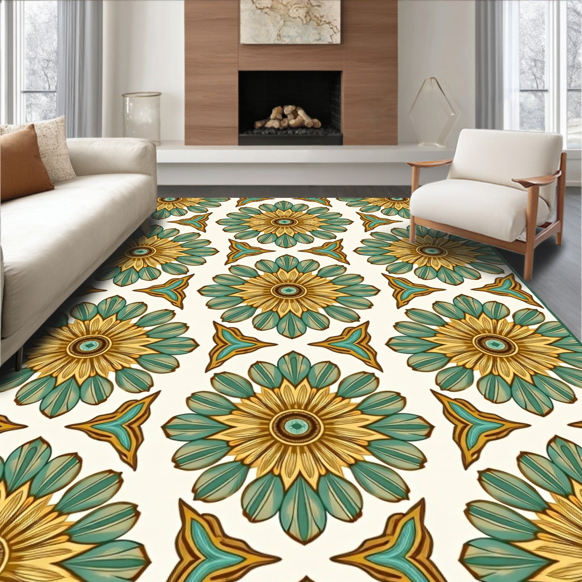 Golden Teal Floral Medallion Rug