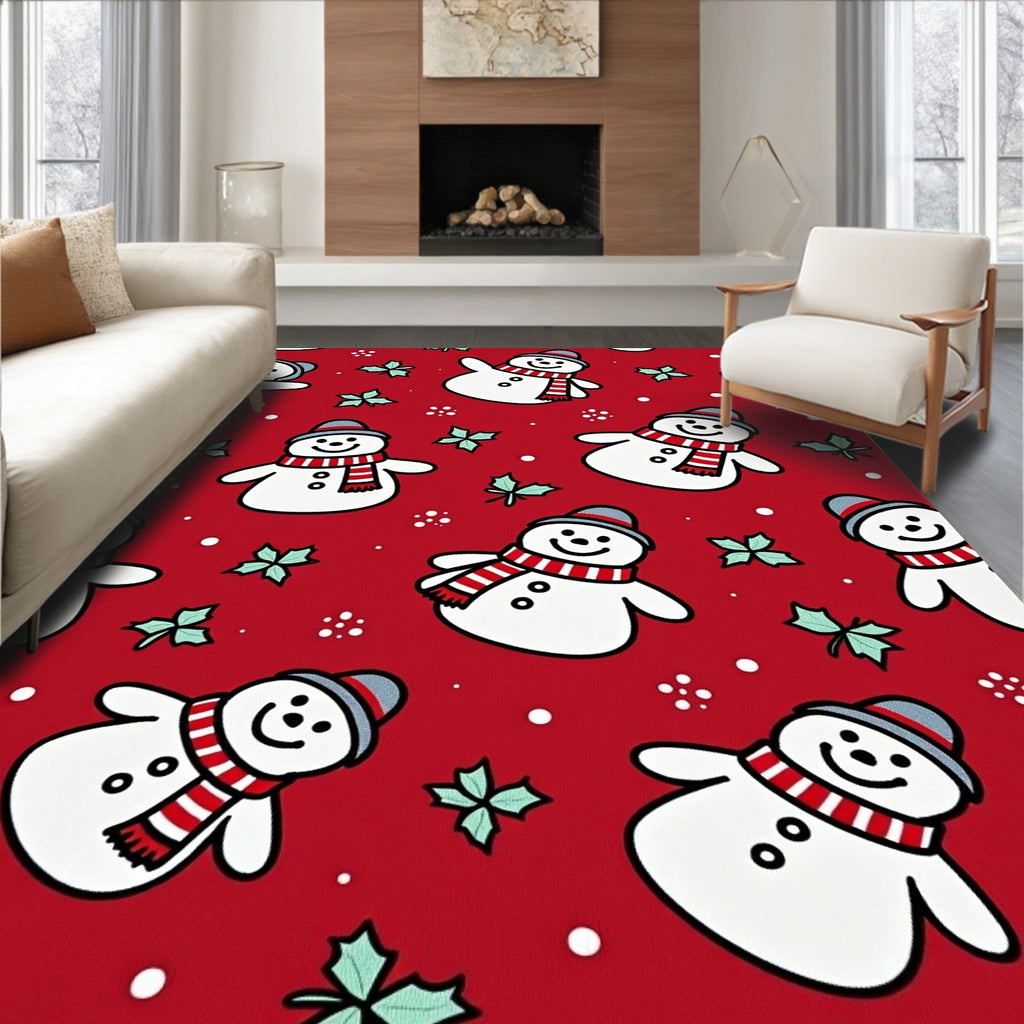 Festive Red Snowman Holly Sprig Rug