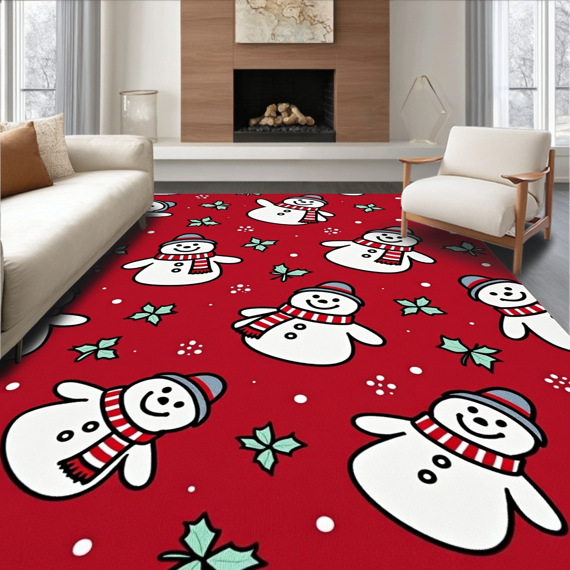 Festive Red Snowman Holly Sprig Rug