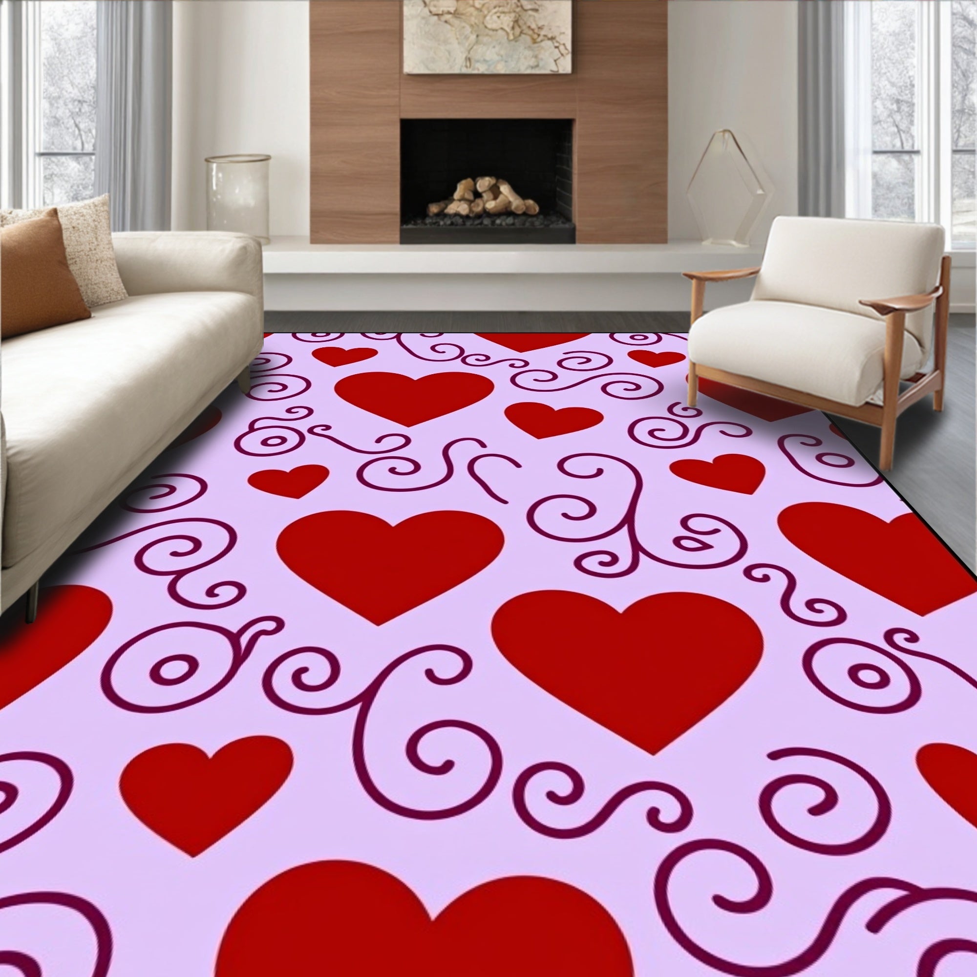 Red Hearts Lavender Swirls Rug