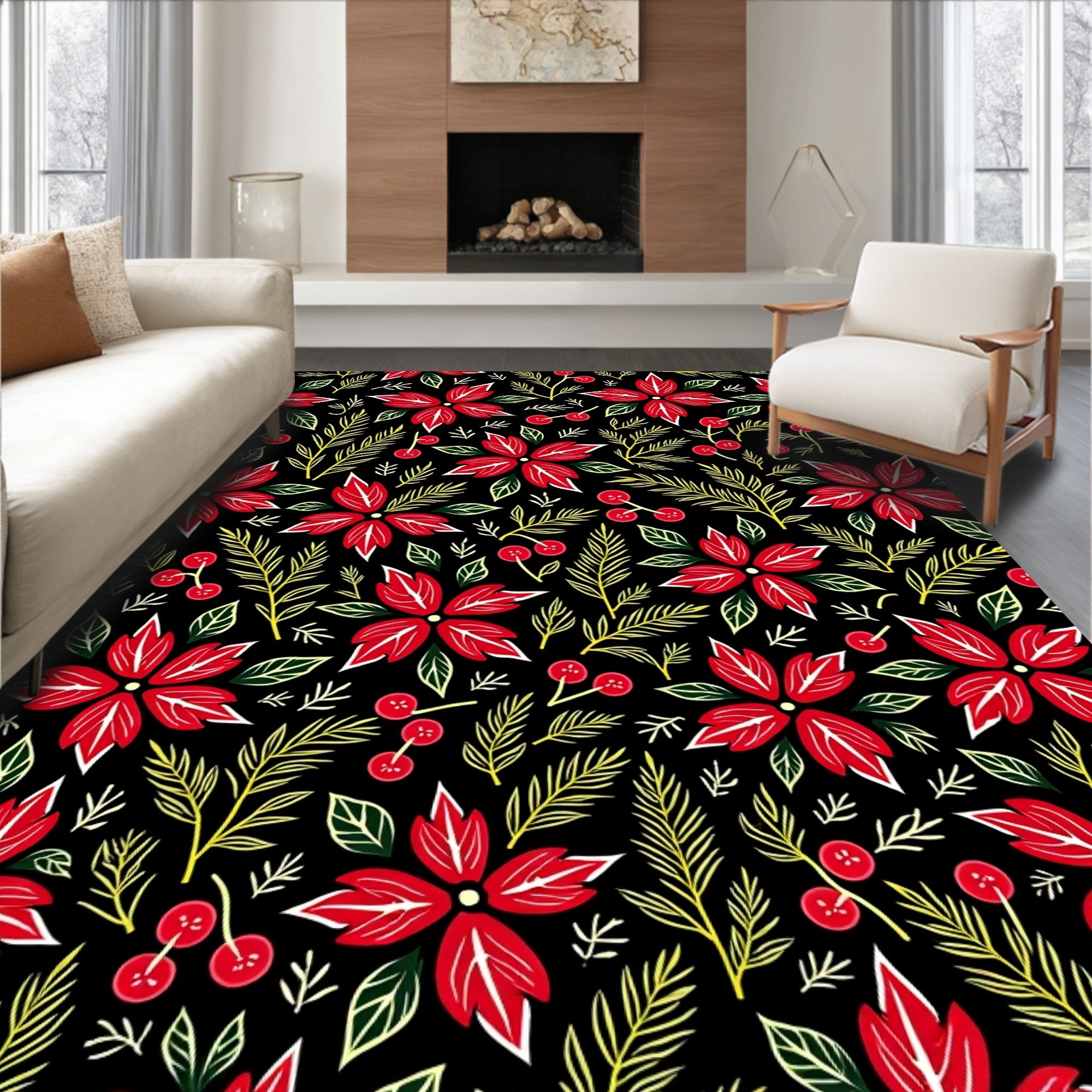 Red Poinsettia Floral Berry Garland Rug