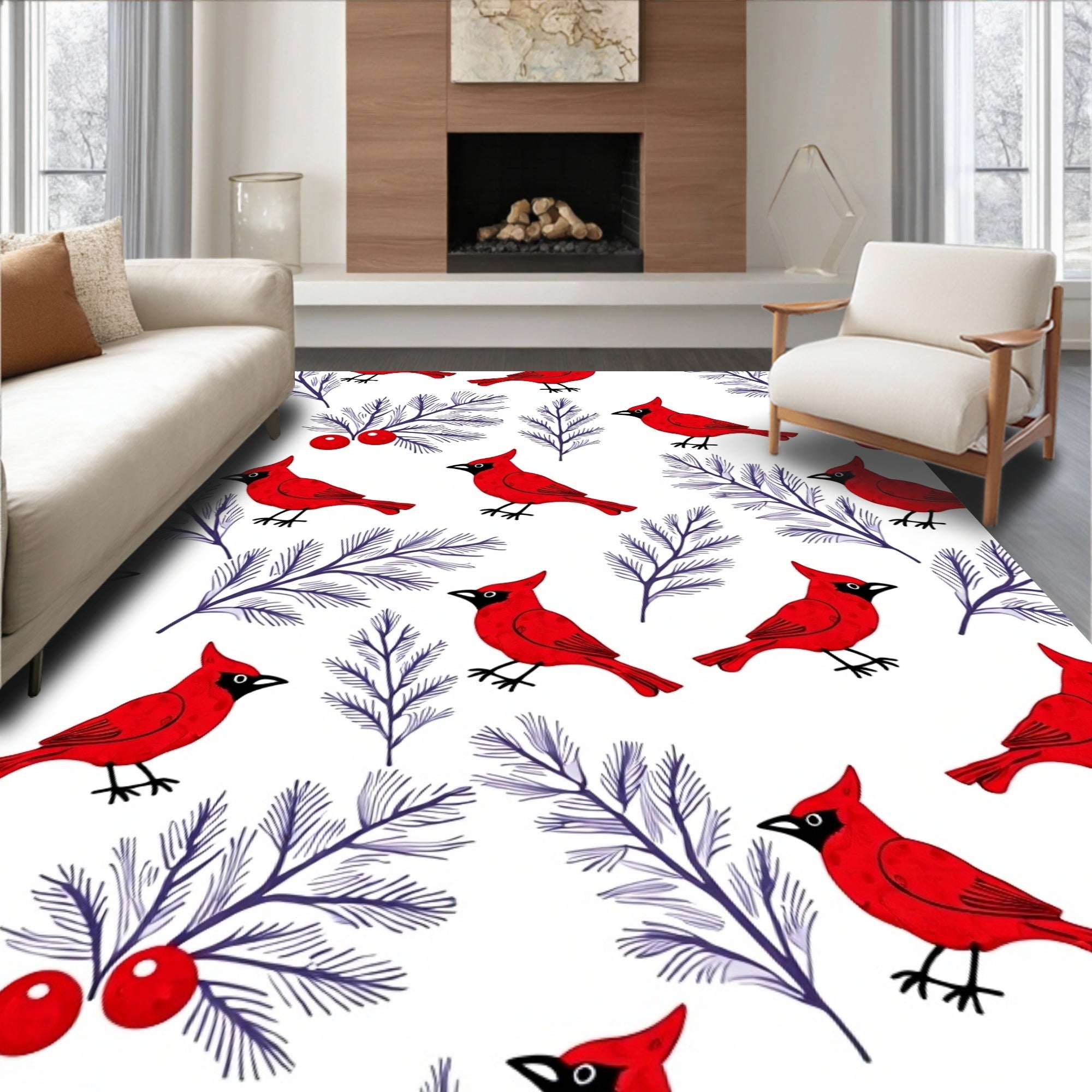 Red Cardinal Winter Berry Branches Rug