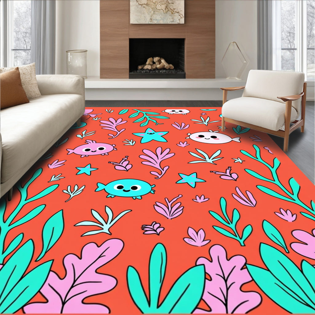 Coral Sea Creatures Aquatic Botanical Collage Rug