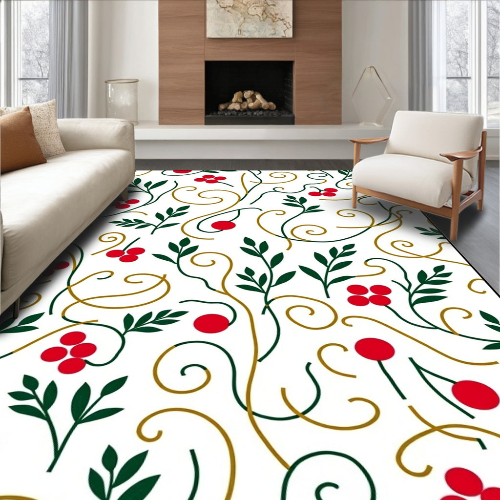 Red Berry Green Leaf Swirl Rug