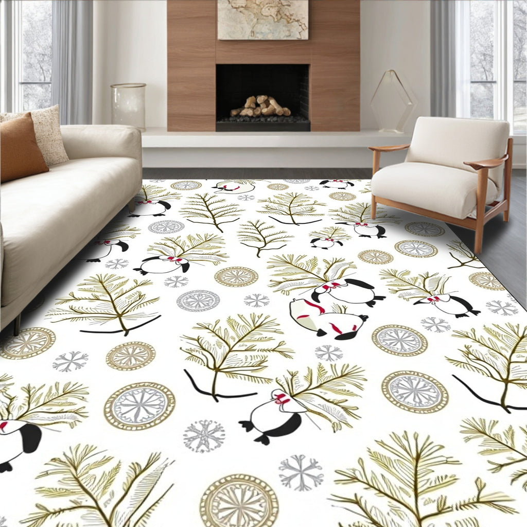 Winter Penguins Pine Boughs Snowflakes Rug