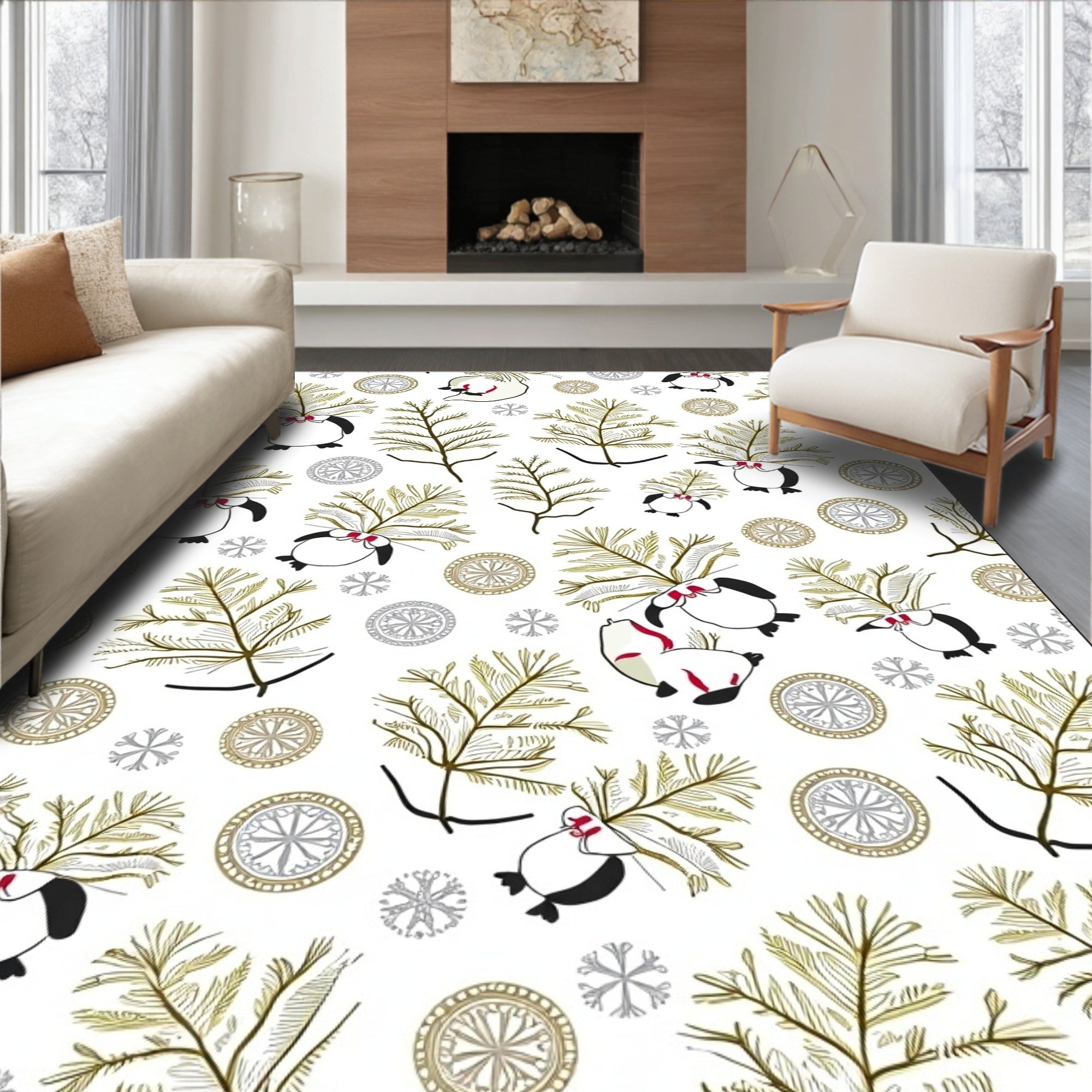 Winter Penguins Pine Boughs Snowflakes Rug