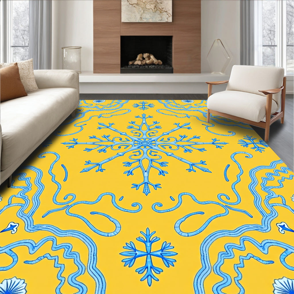Vibrant Blue Snowflake Medallion Yellow Rug