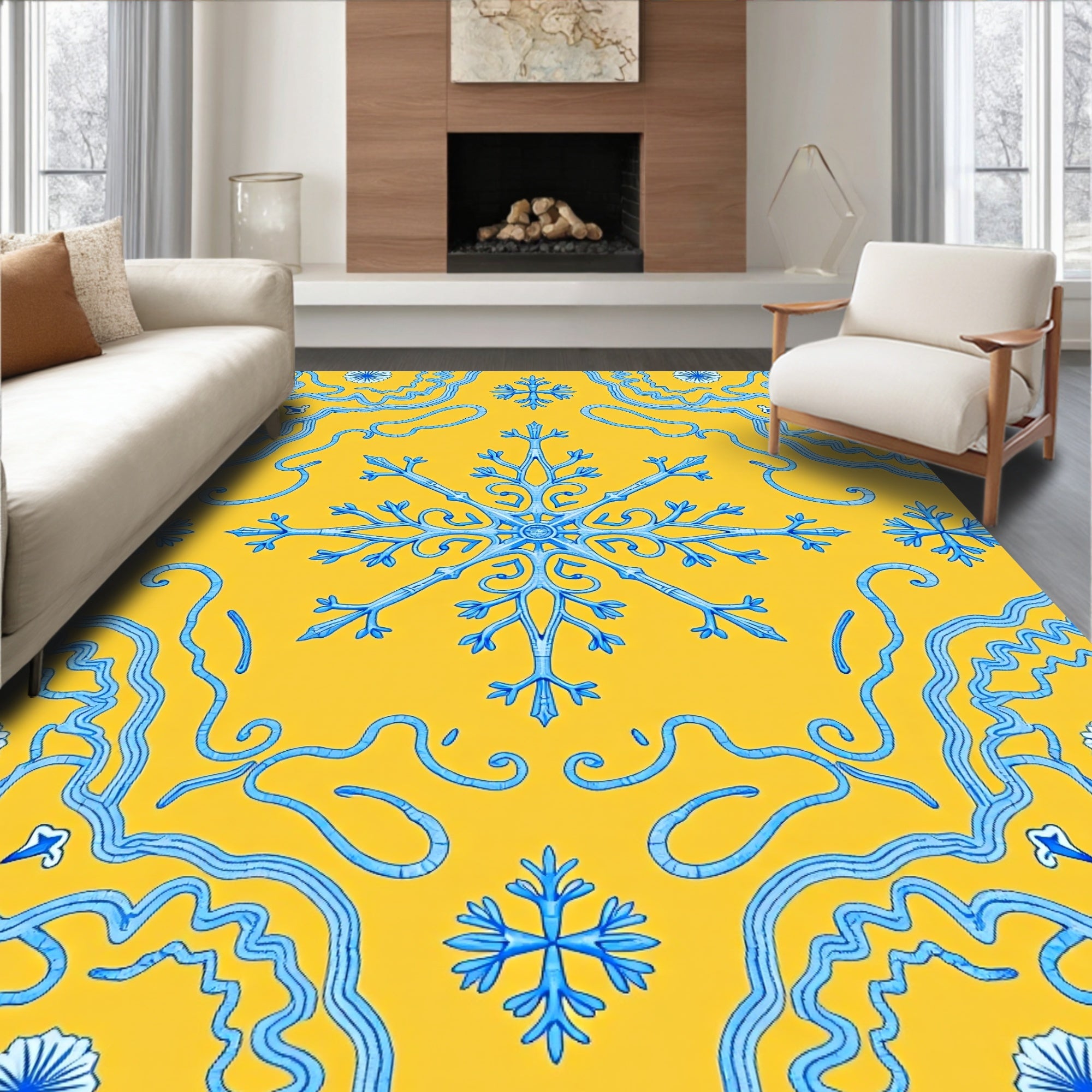 Vibrant Blue Snowflake Medallion Yellow Rug
