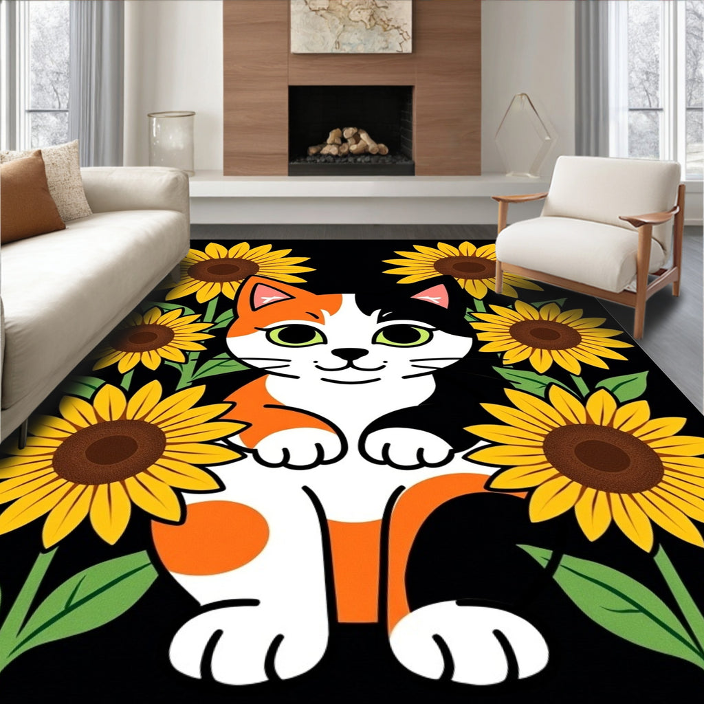 Cute Calico Cat Sunflower Garden Rug