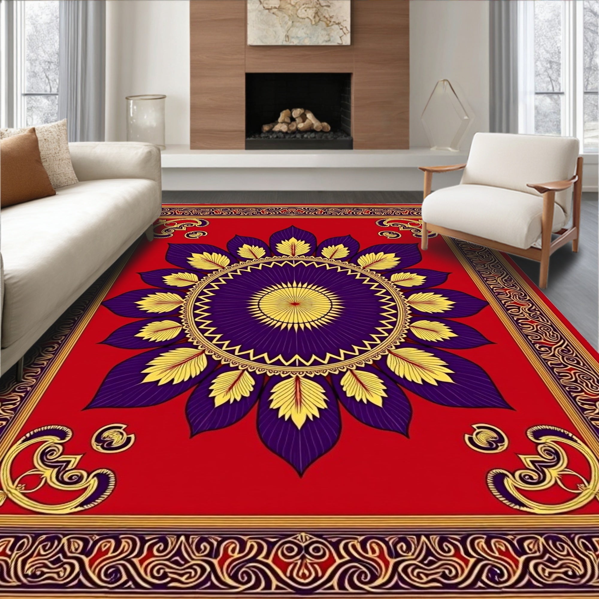 Bold Scarlet Purple Floral Mandala Rug
