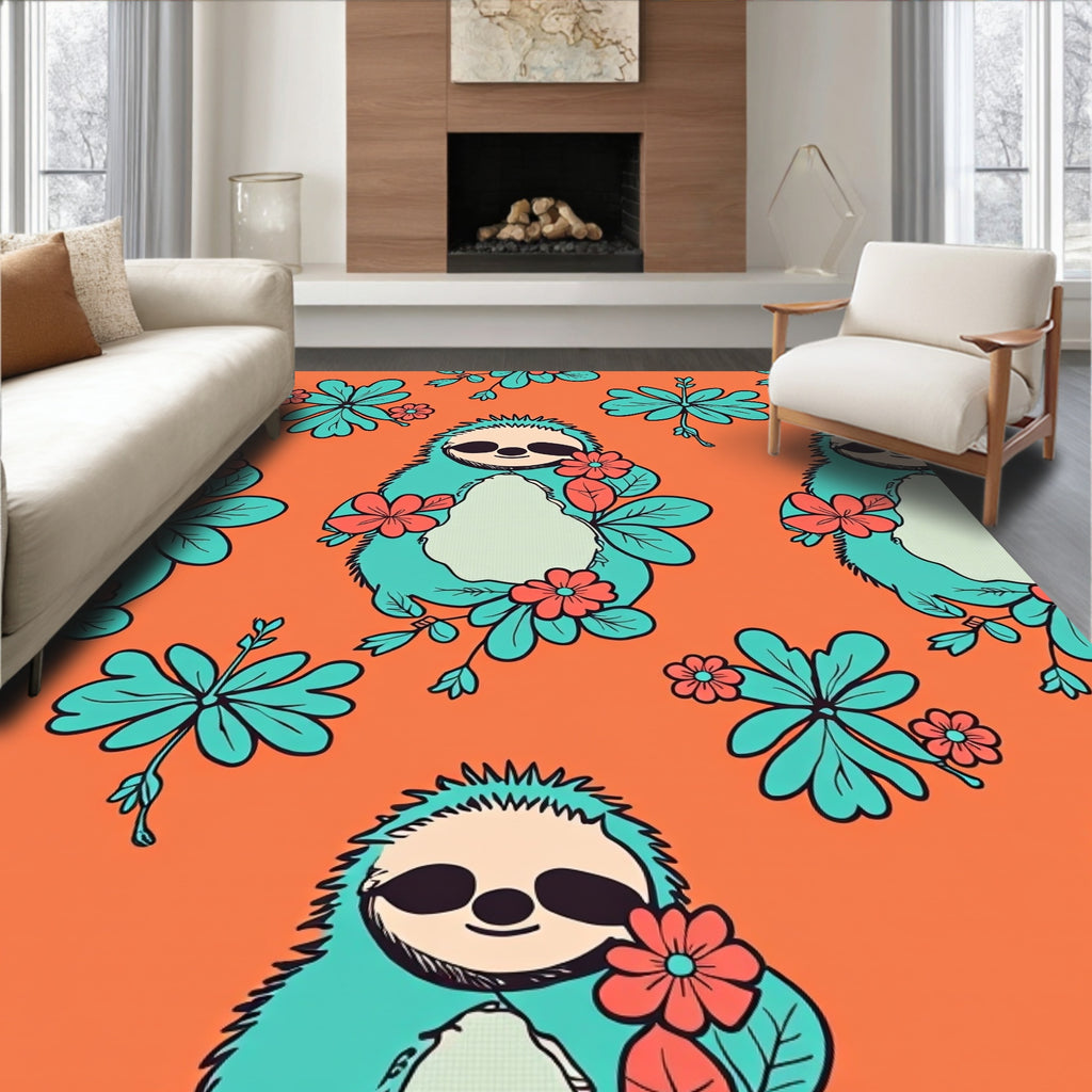 Teal Sloth Floral Orange Field Rug