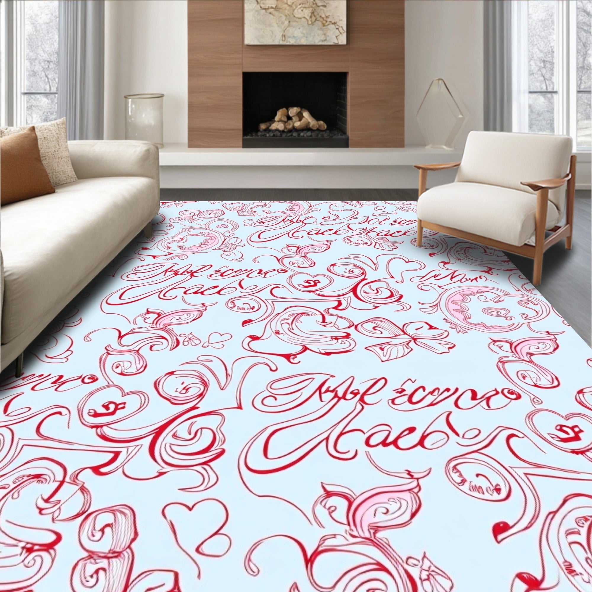 Scripted Red Floral Swirls Rug