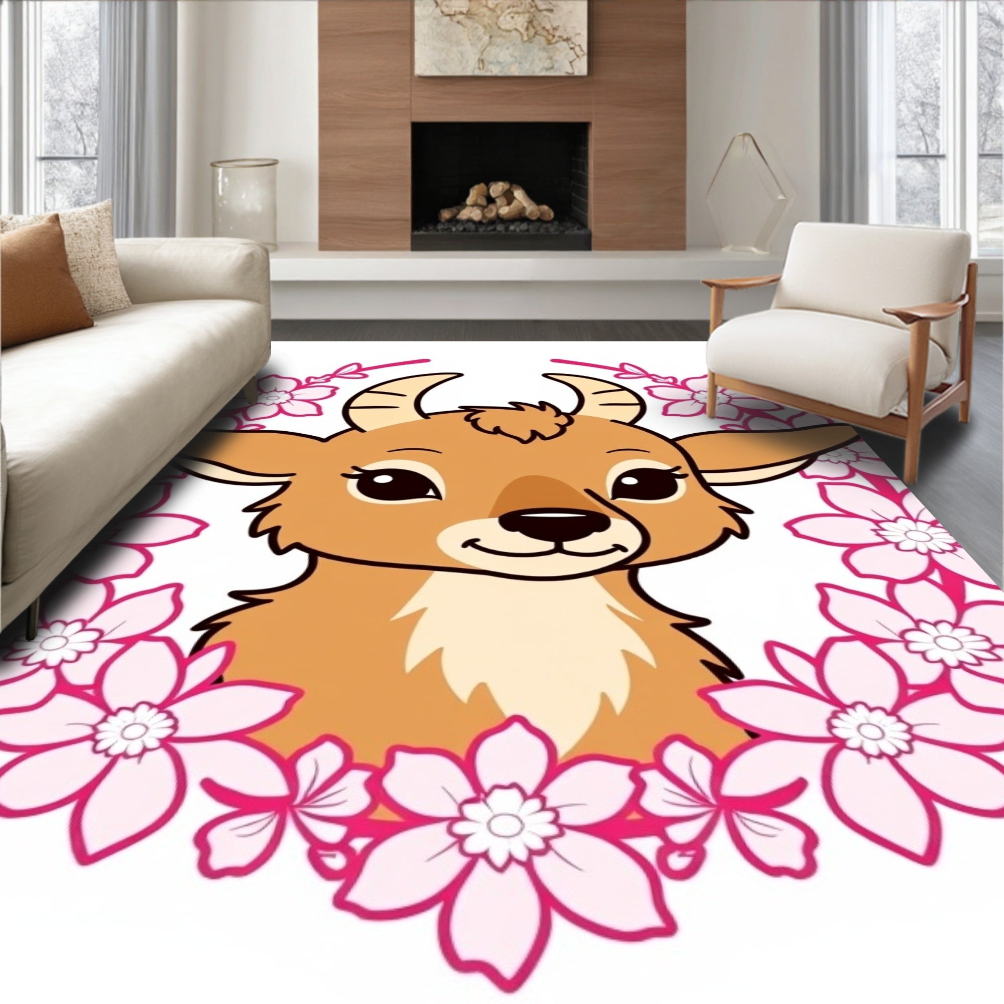 Cute Antelope Pink Blossom Wreath Rug