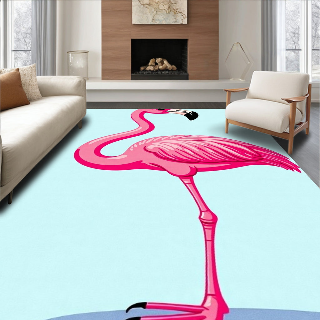 Pink Flamingo Bird On Blue Rug