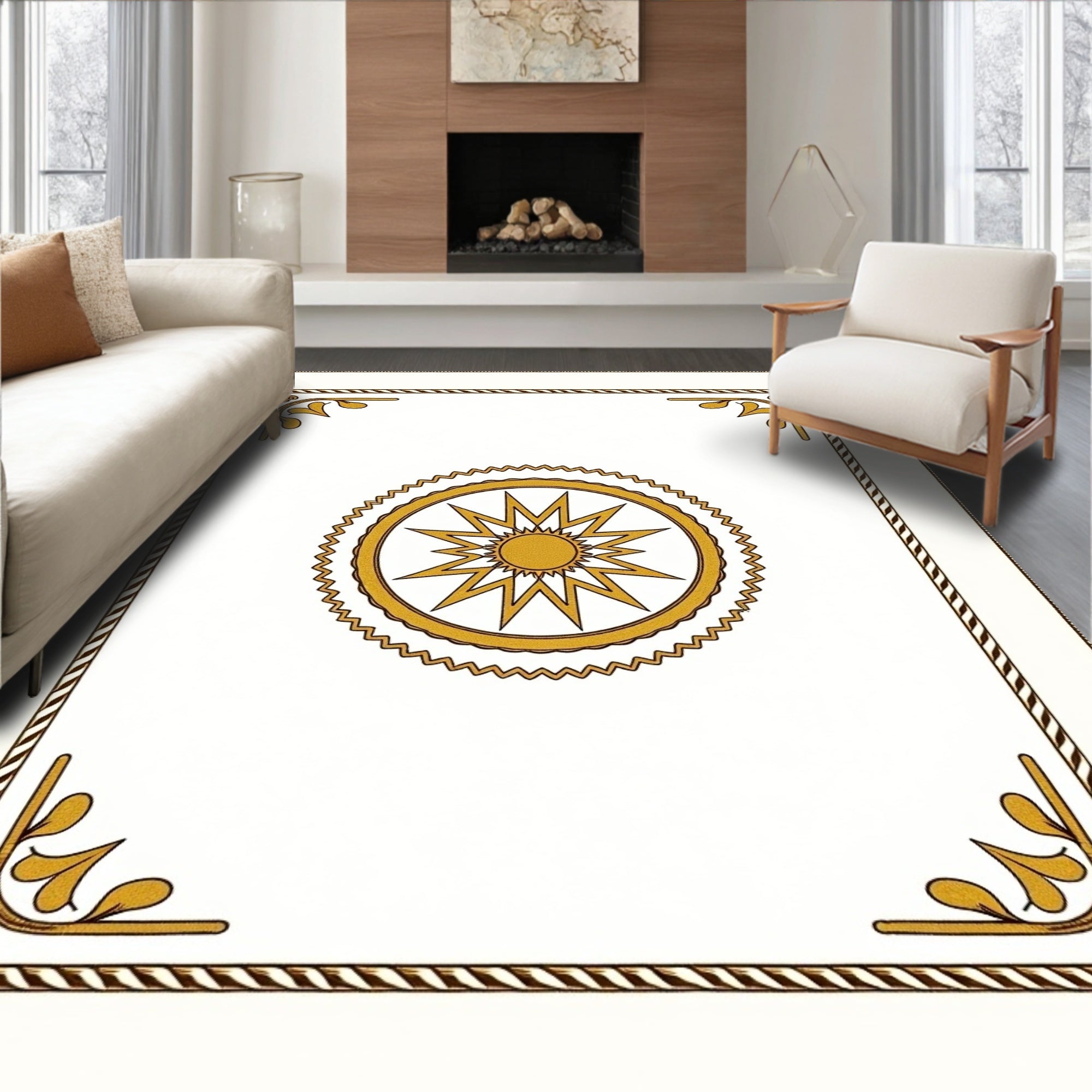Golden Sunburst Medallion Border Rug