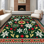 Dark Green Snowflake Festive Floral Rug