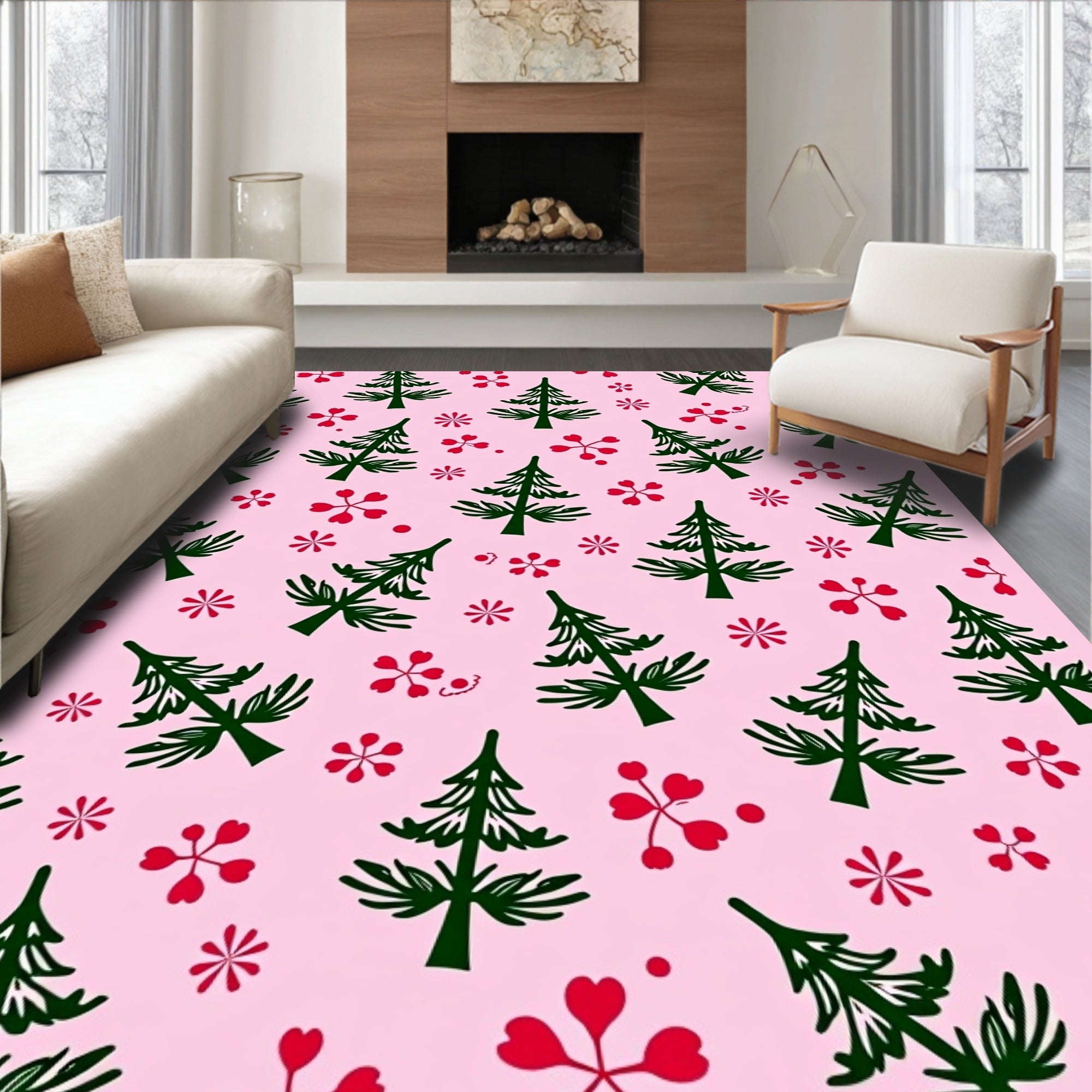 Pink Green Red Pine Cluster Rug