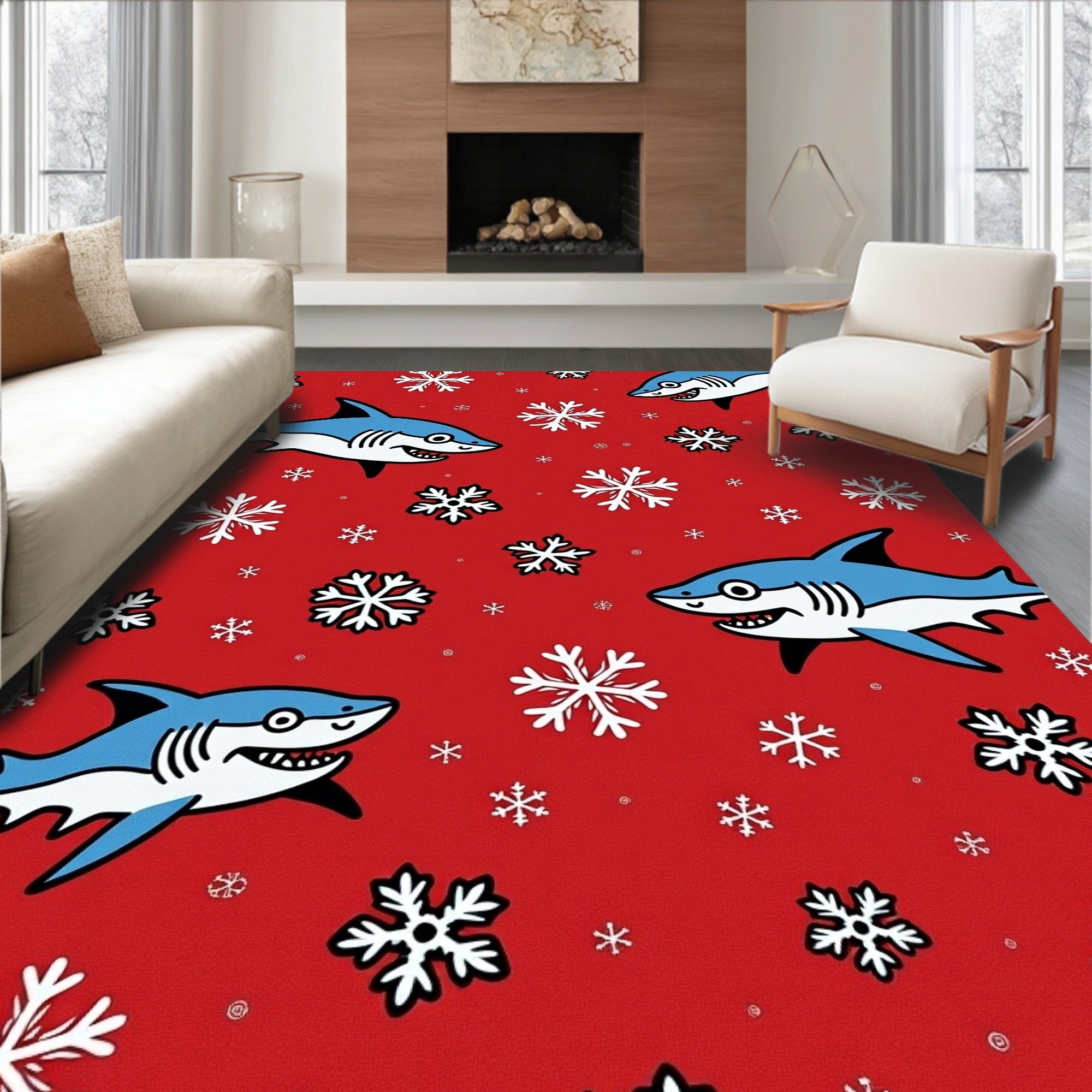Whimsical Blue Sharks Snowflakes Red Rug