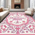 Pink Floral Snowman Christmas Border Rug