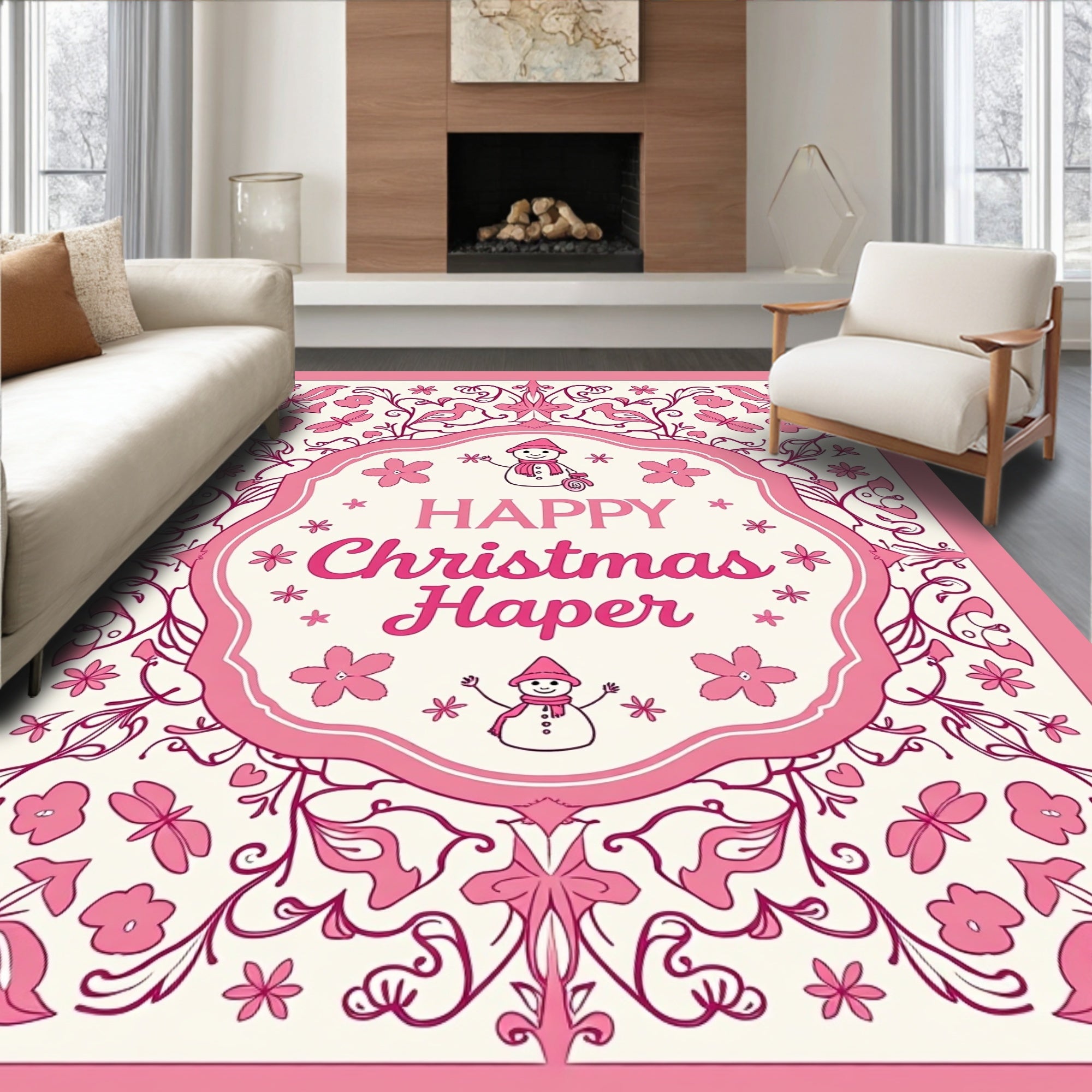 Pink Floral Snowman Christmas Border Rug