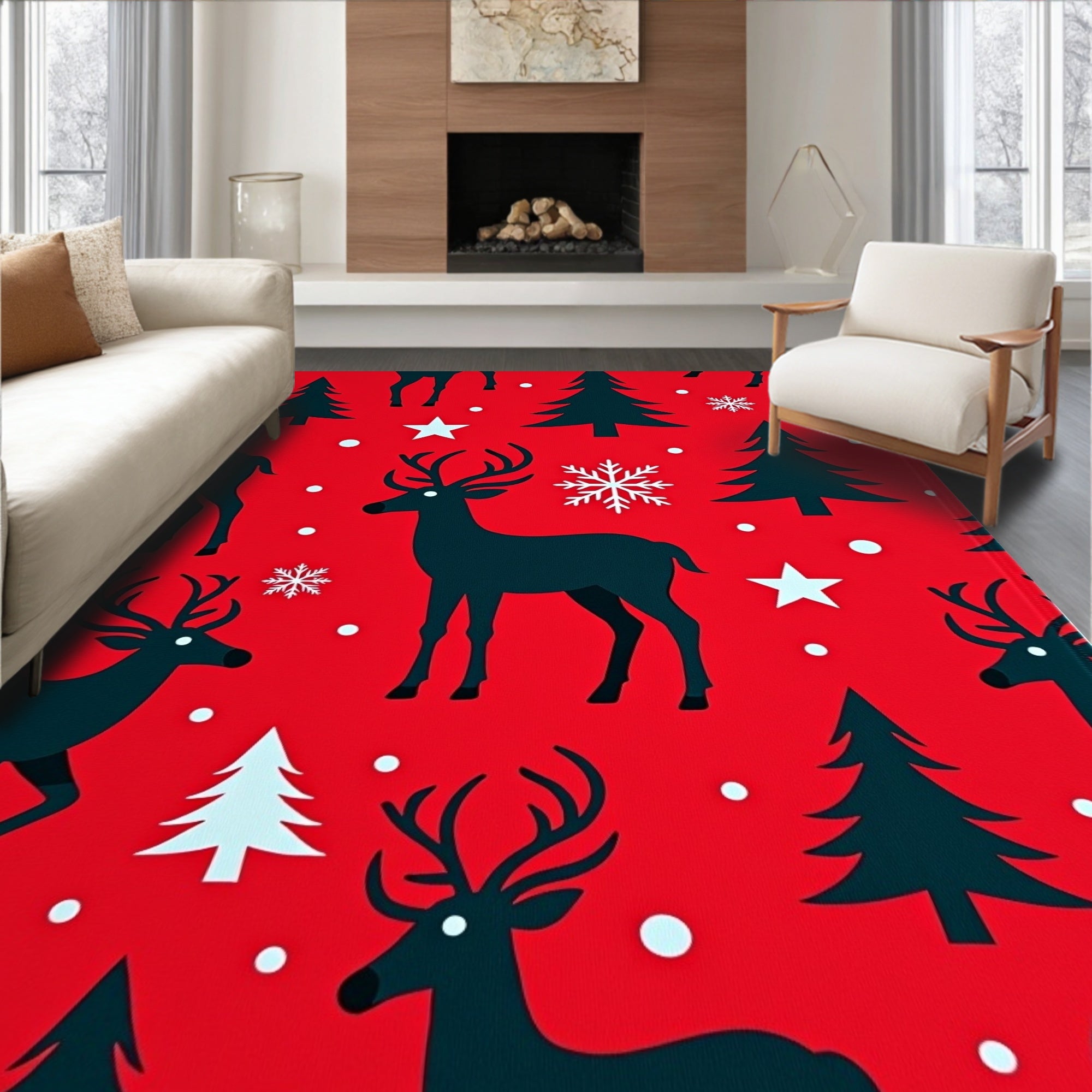 Red Deer Forest Winter Snowflakes Rug