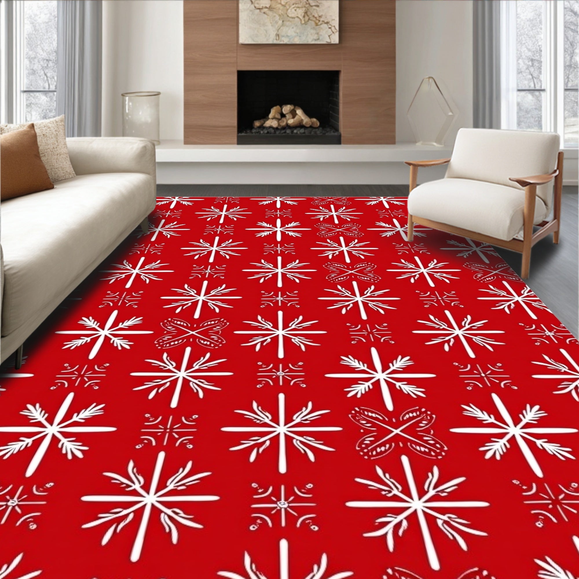 Red White Snowflake Medallion Collage Rug