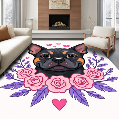 Black Tan Dog Pink Rose Heart Wreath Rug