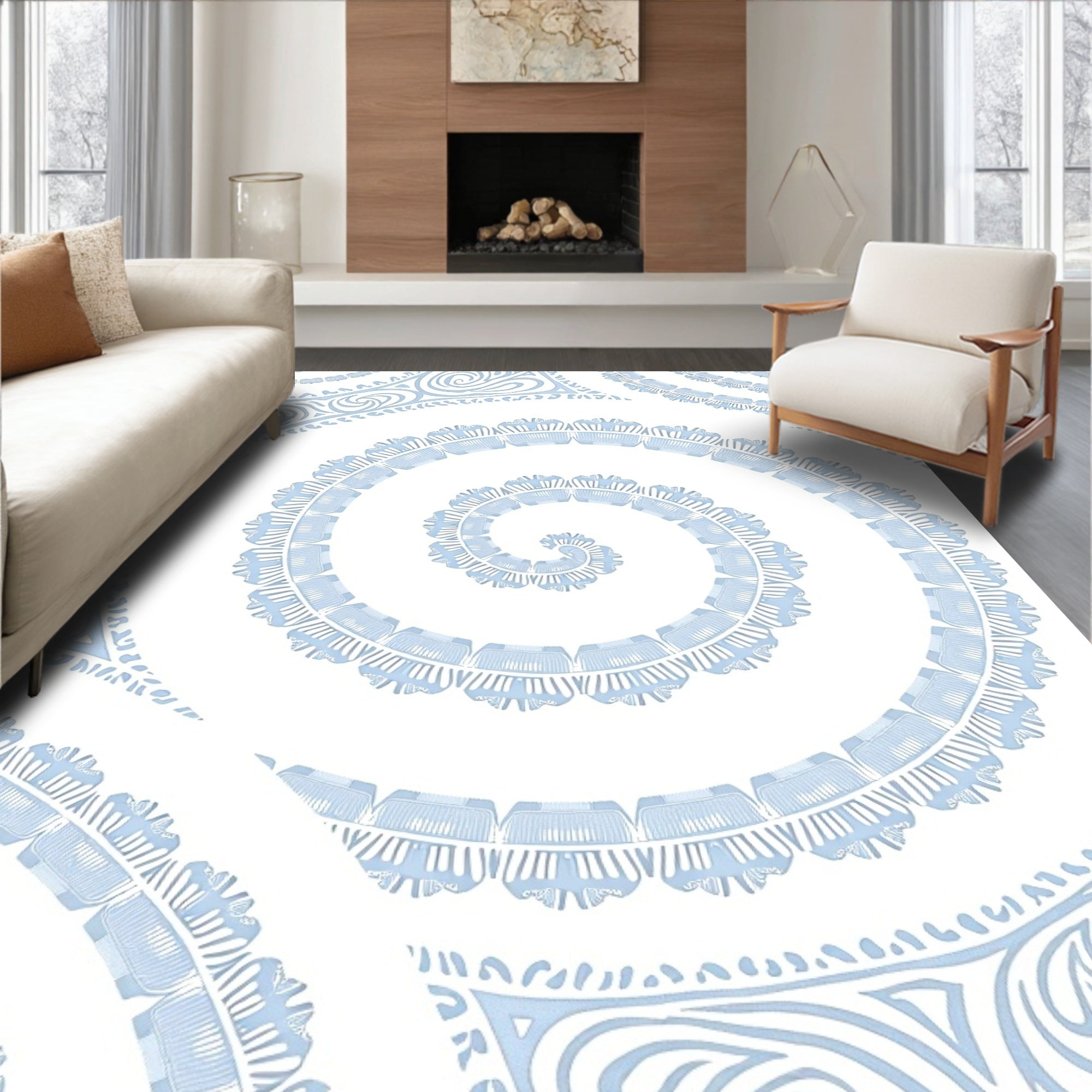 Pale Blue Spiral Fan Mandala Rug