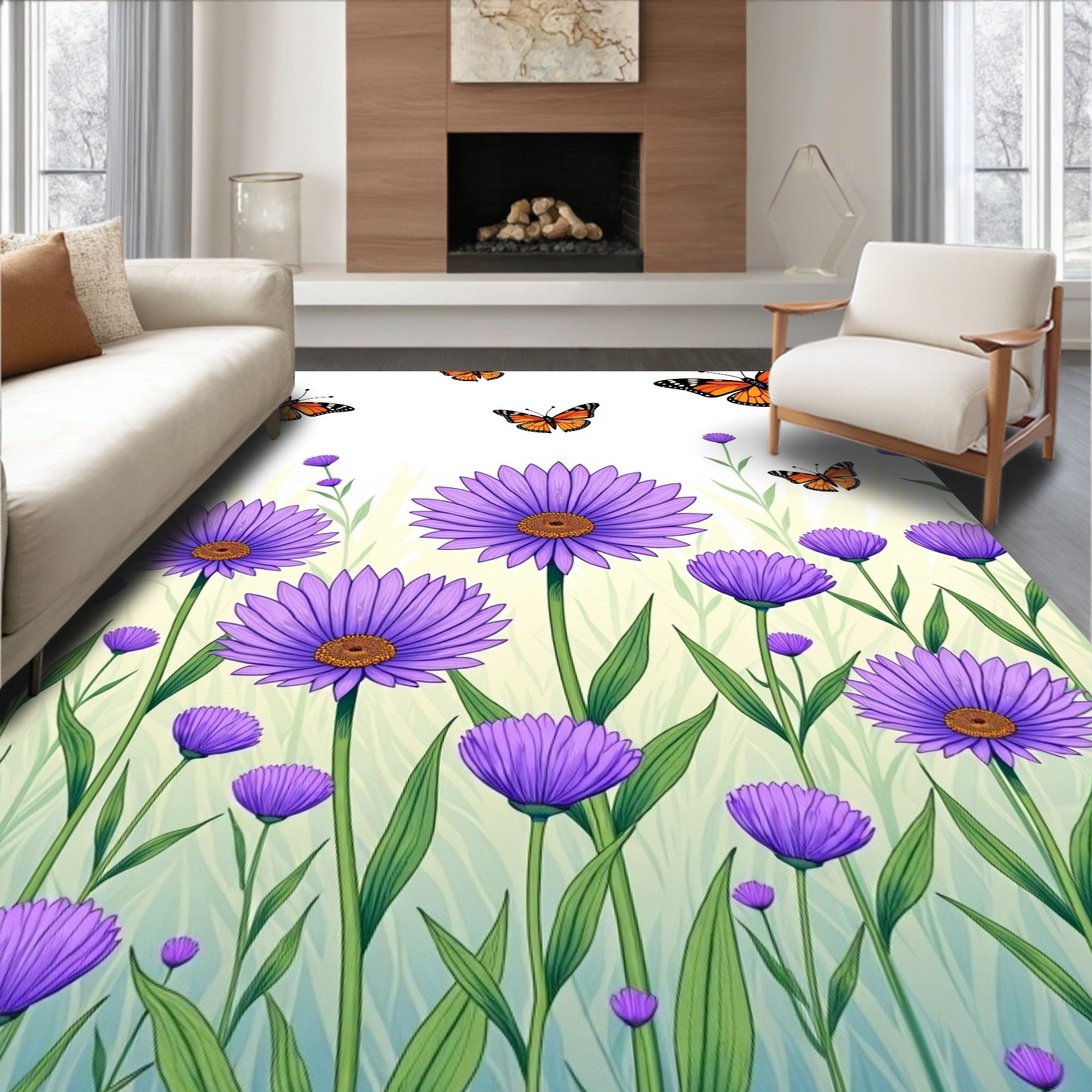 Purple Aster Butterflies Garden Rug