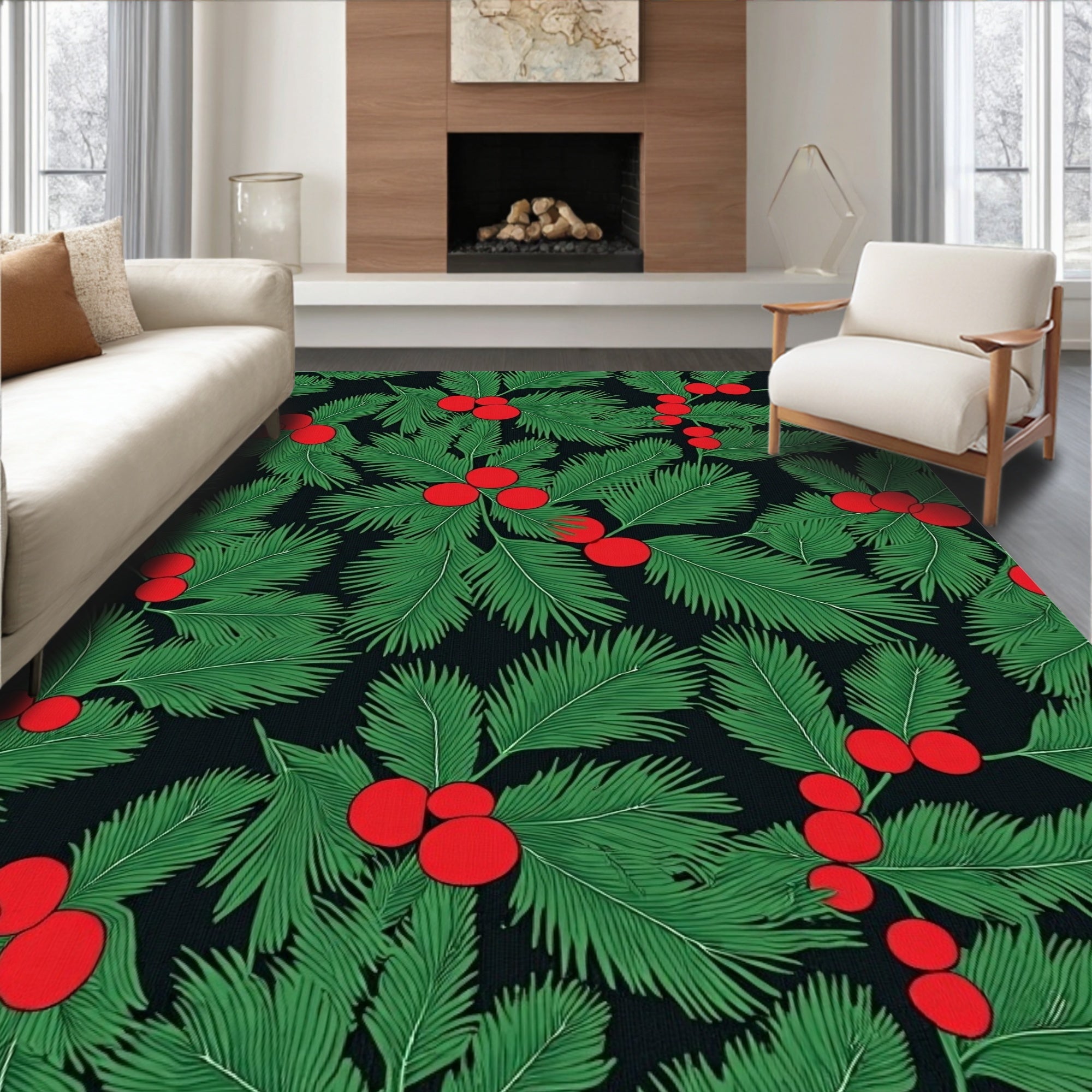 Festive Green Holly Berry Foliage Rug