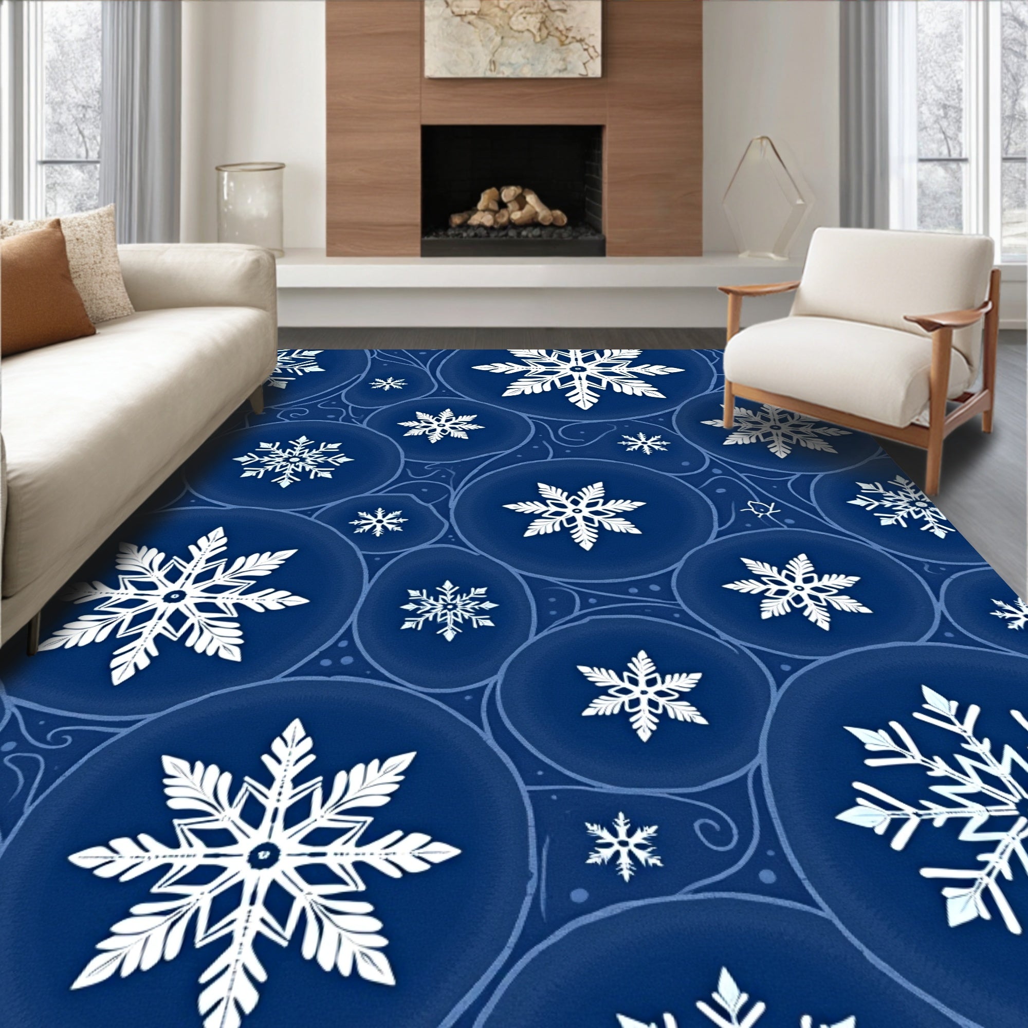 Deep Blue Winter Snowflake Circles Rug