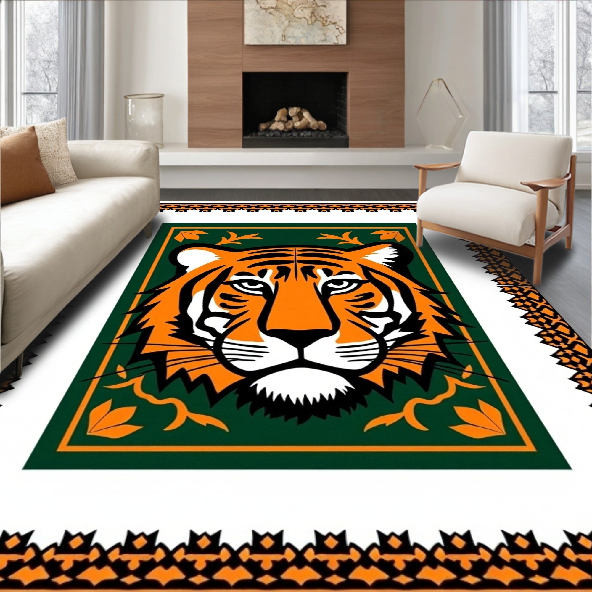 Bold Orange Tiger Emerald Green Border Rug