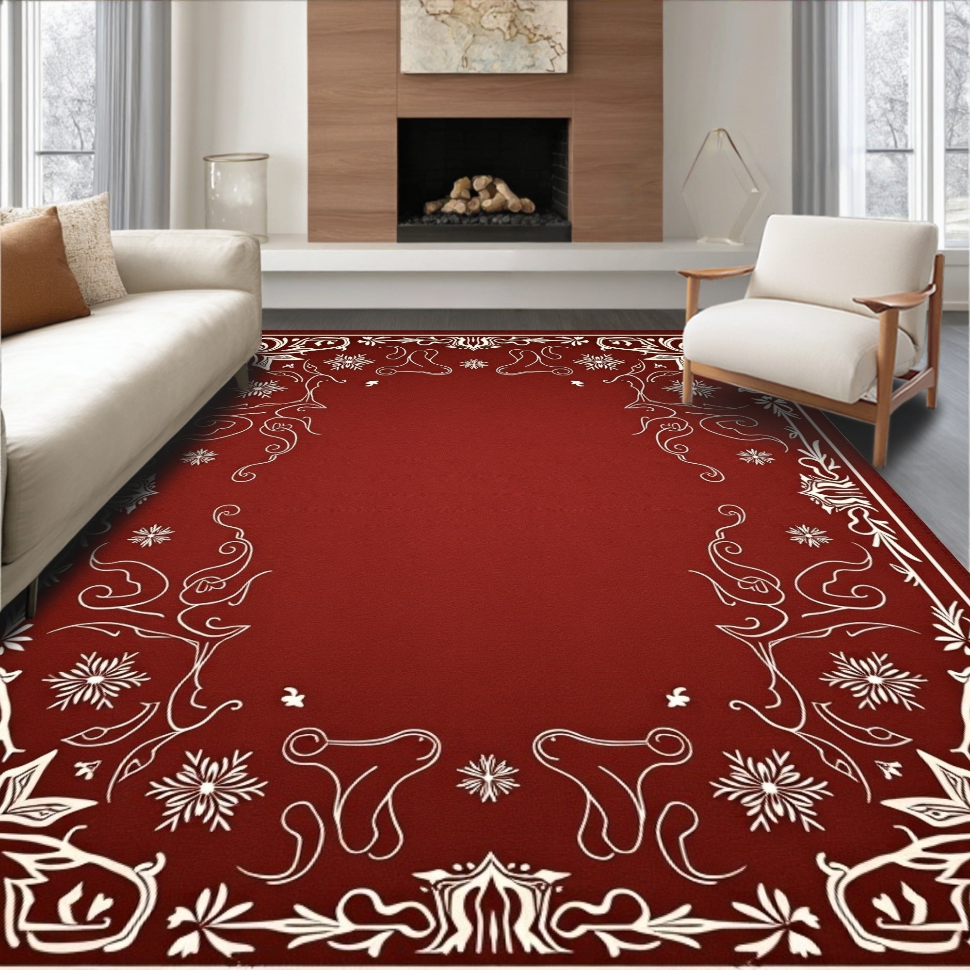 Crimson White Floral Scroll Border Rug