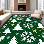 Festive Green Christmas Trees Snowflakes Stars Rug
