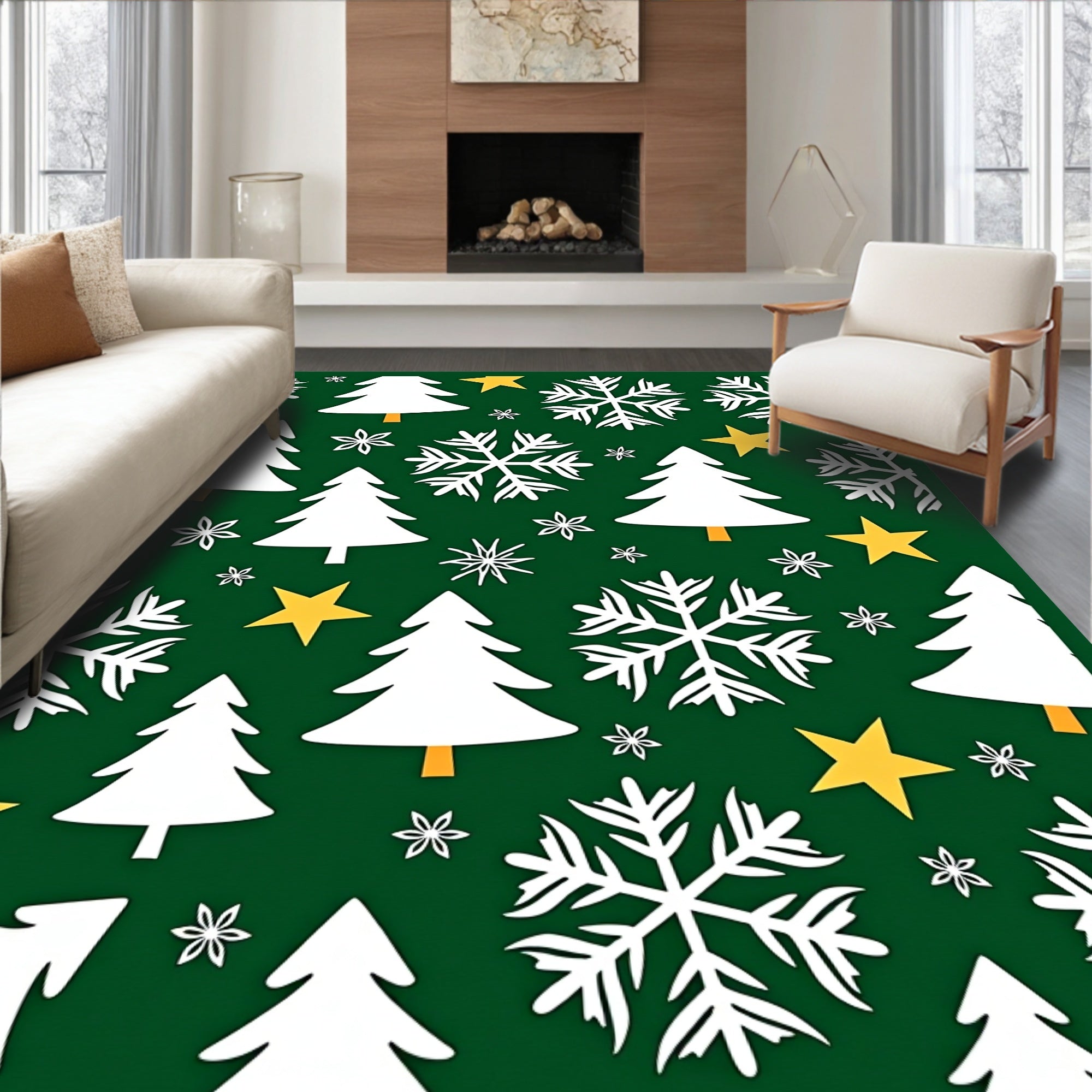 Festive Green Christmas Trees Snowflakes Stars Rug