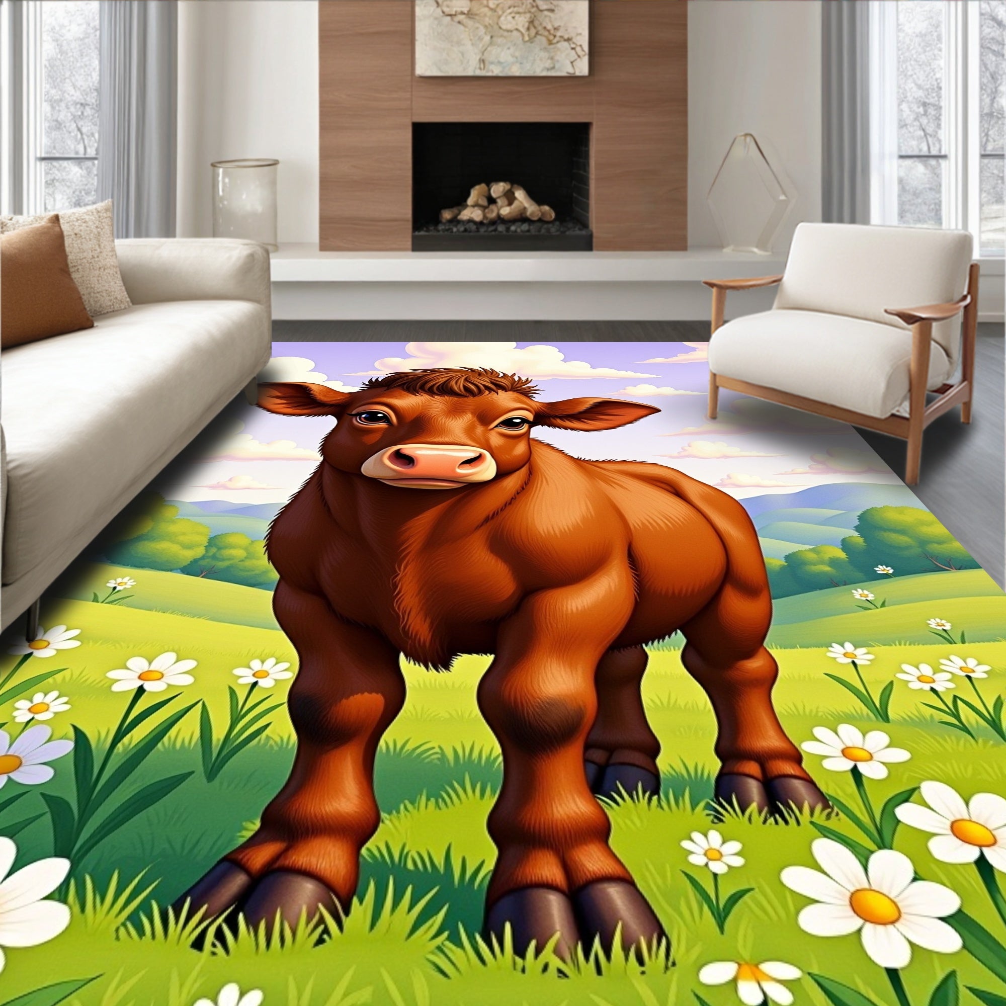 Cute Brown Cow Among Daisies Rug