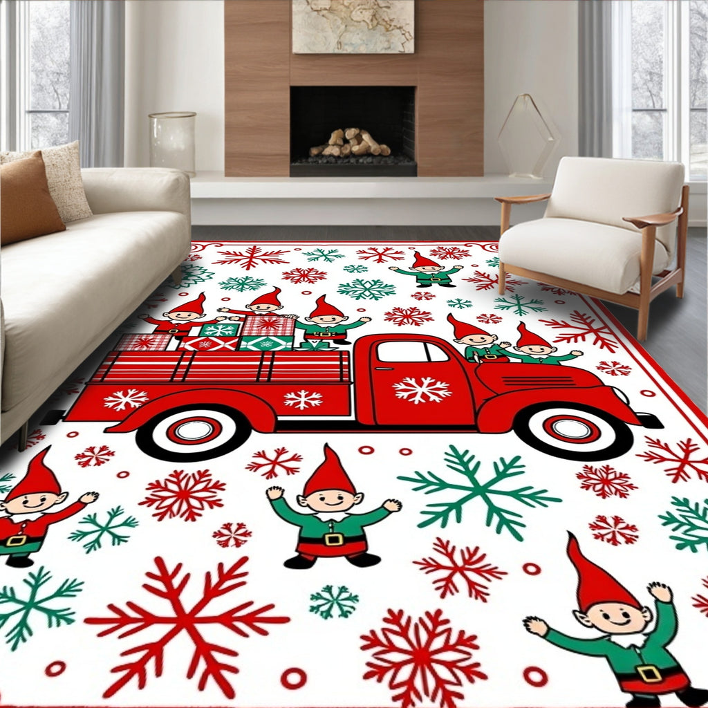 Red Truck Elves Snowflakes Christmas Rug