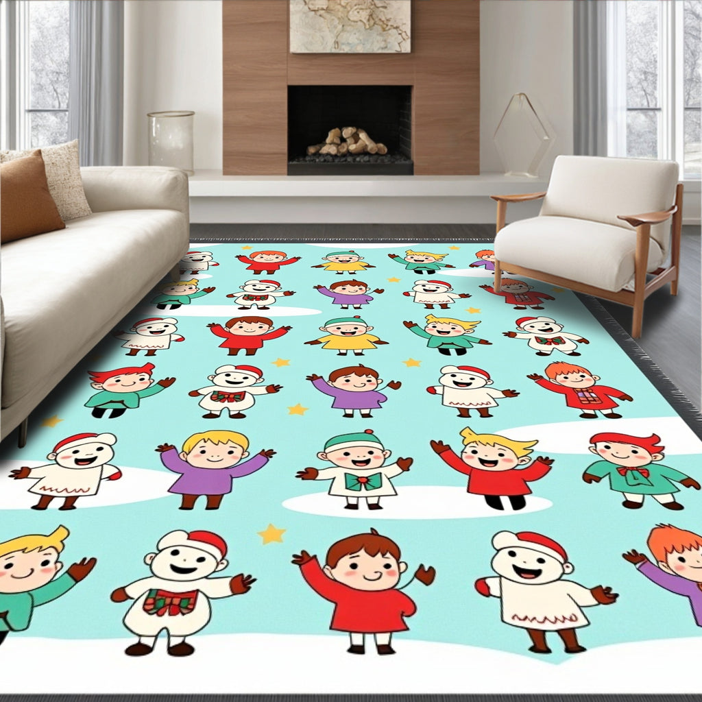 Cute Waving Kids Merry Christmas Sky Rug