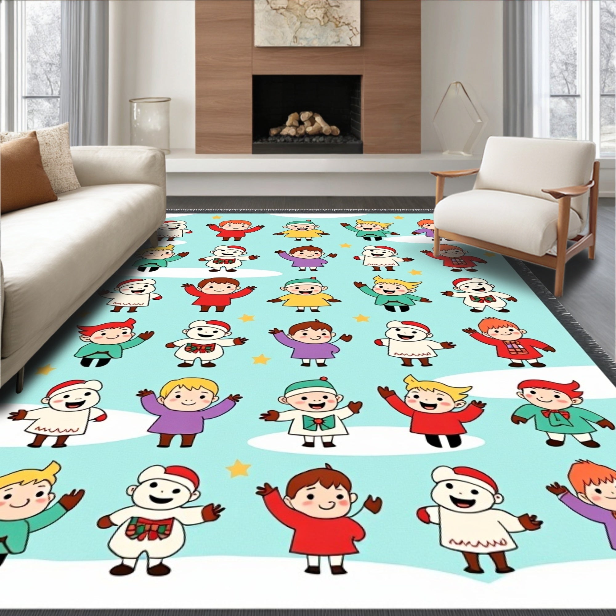 Cute Waving Kids Merry Christmas Sky Rug