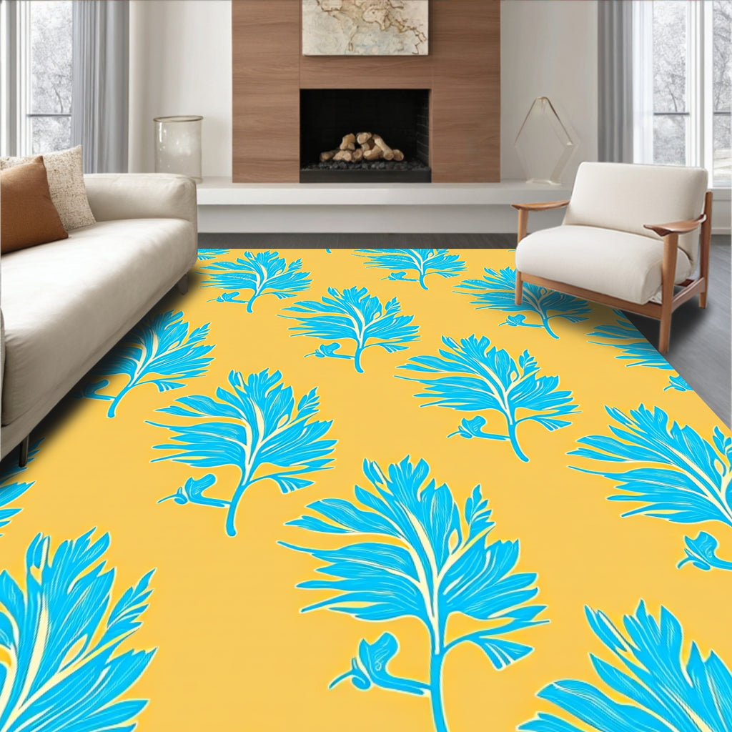 Vibrant Teal Feathered Foliage Yellow Background Rug
