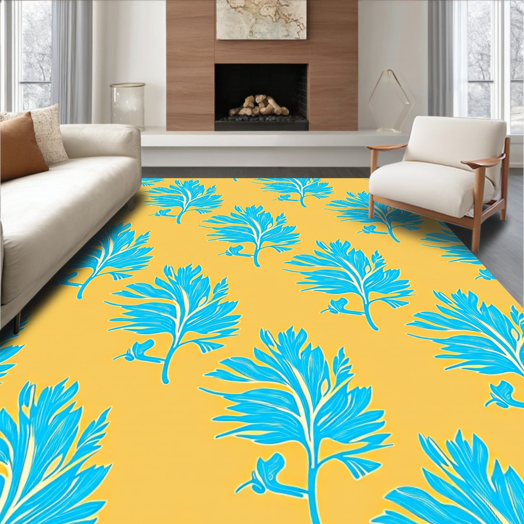 Vibrant Teal Feathered Foliage Yellow Background Rug