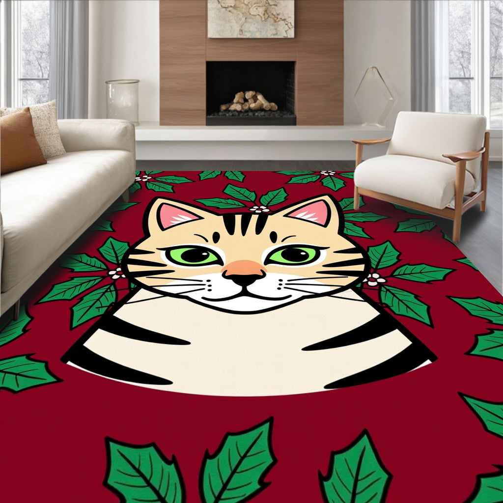 Festive Cat Holly Berry Red Rug