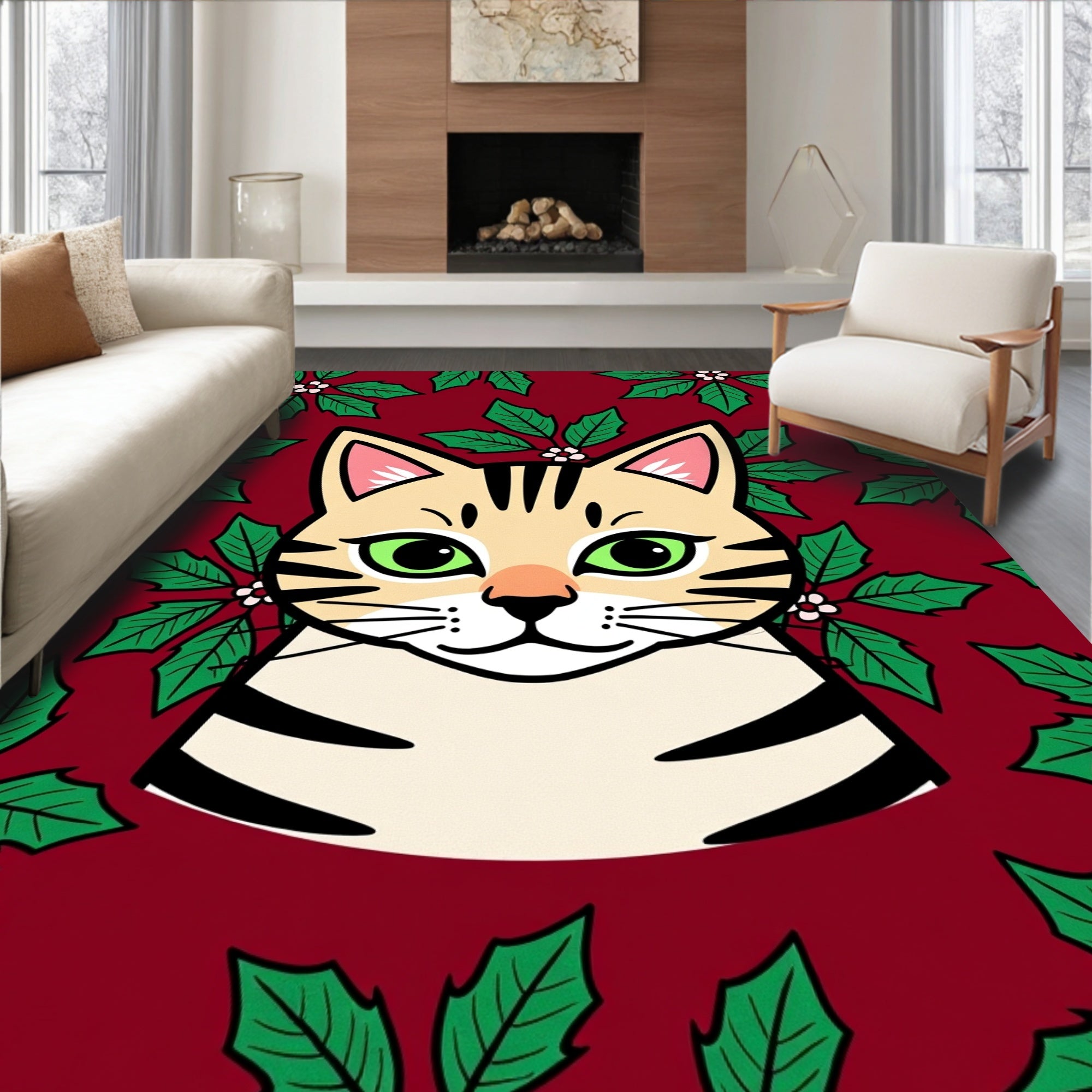 Festive Cat Holly Berry Red Rug