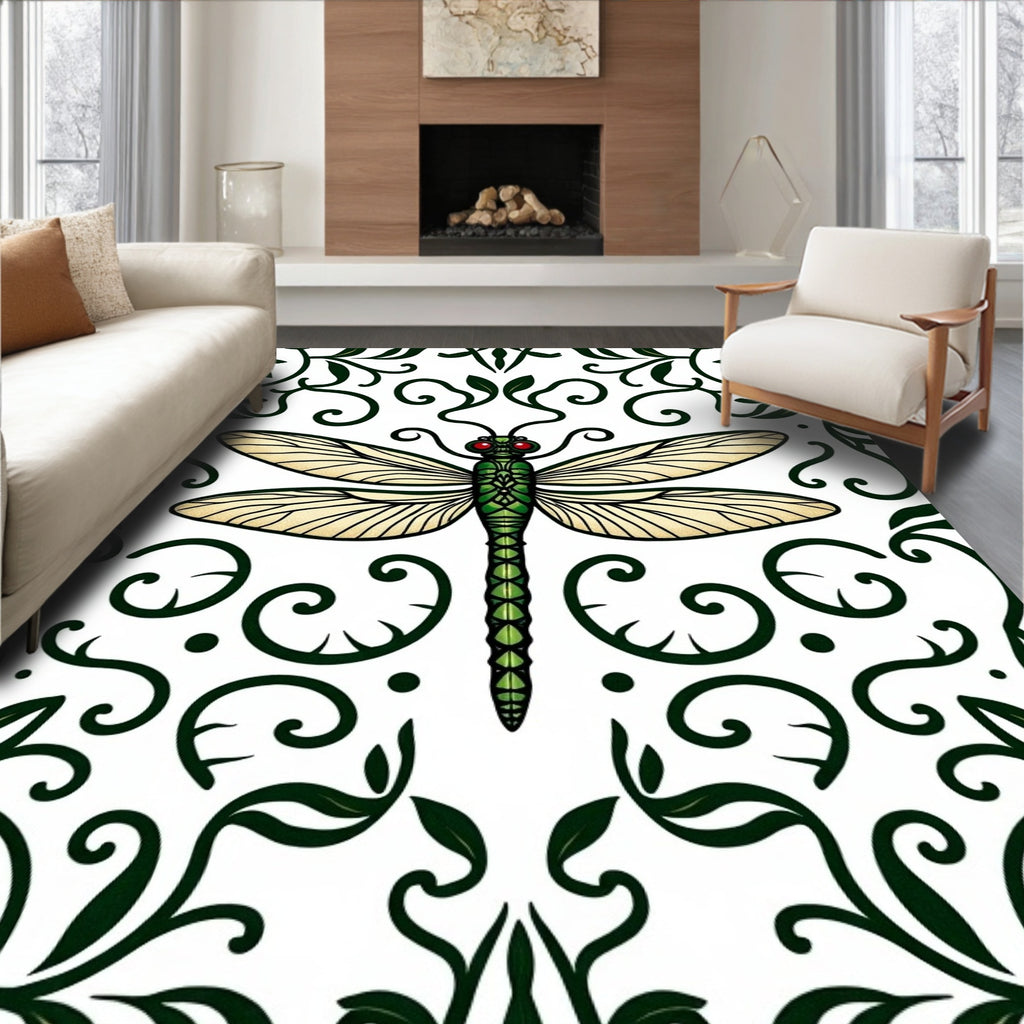 Emerald Dragonfly Floral Scroll Rug