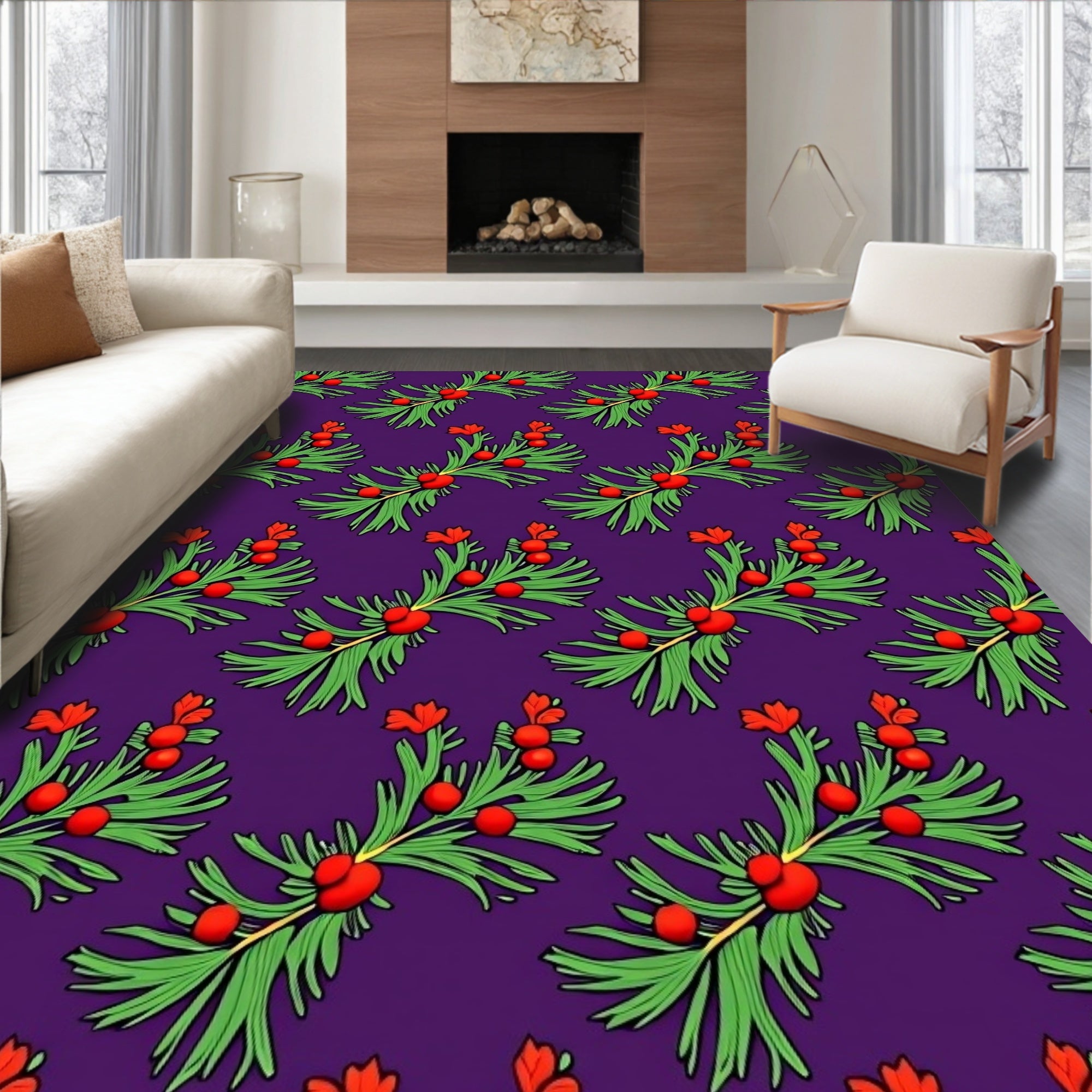 Crimson Berry Evergreen Sprig Accents Rug