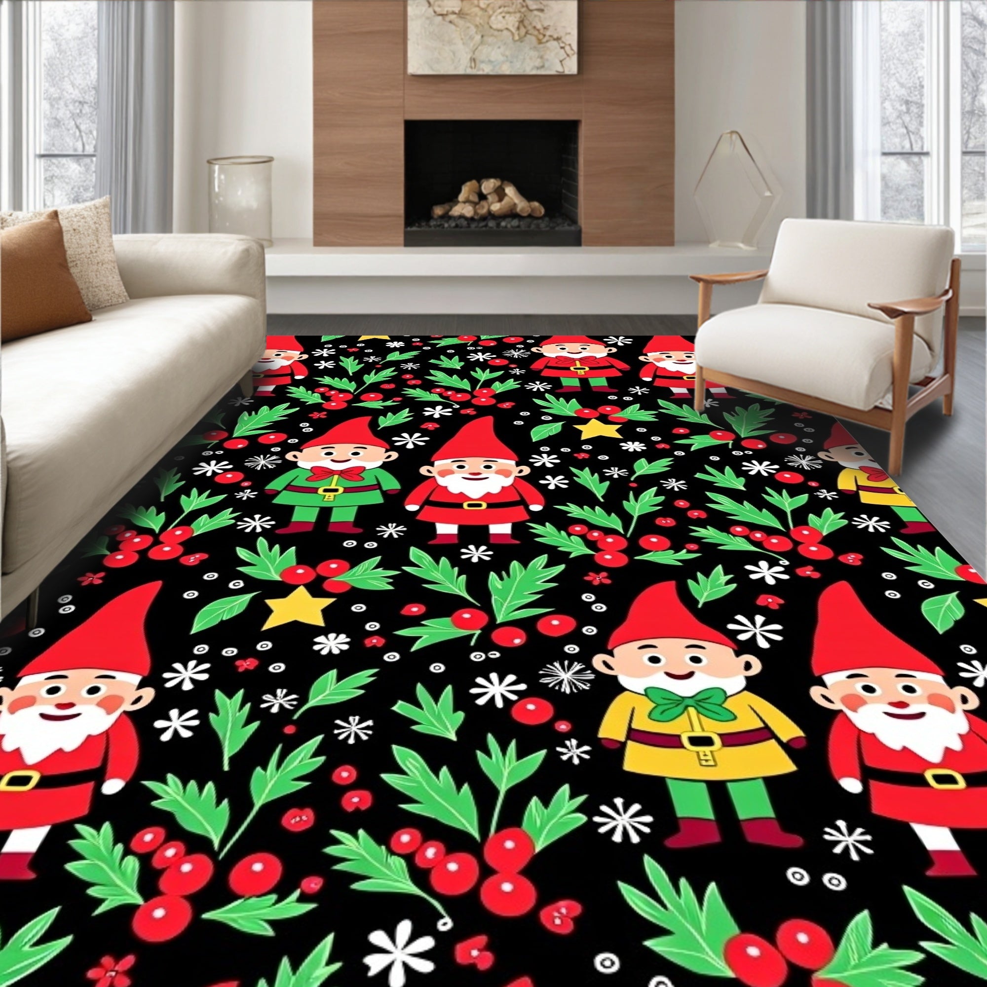 Cute Gnomes Holly Berry Glitter Black Rug