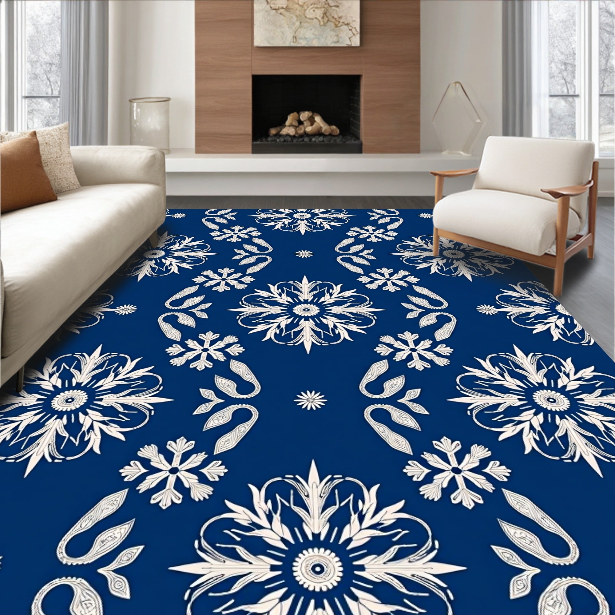Classic Navy White Floral Medallion Rug